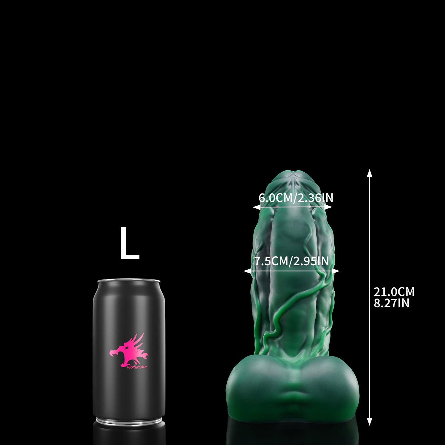 BANNER fantasy monster dildo with a thick muscular shaft, raised veins, rounded balls, and suction-cup base - L size guide