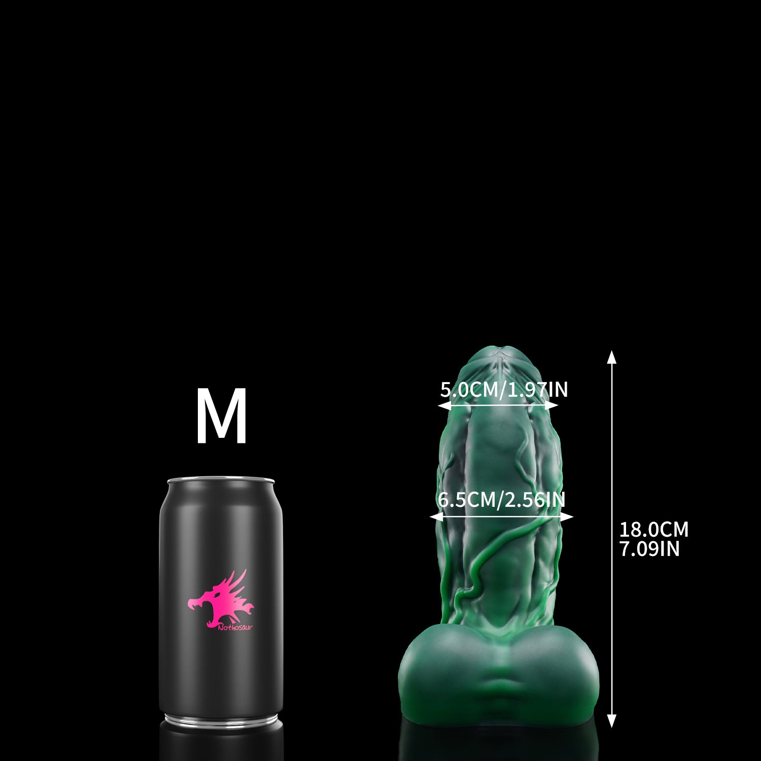 BANNER fantasy monster dildo with a thick muscular shaft, raised veins, rounded balls, and suction-cup base - M size guide