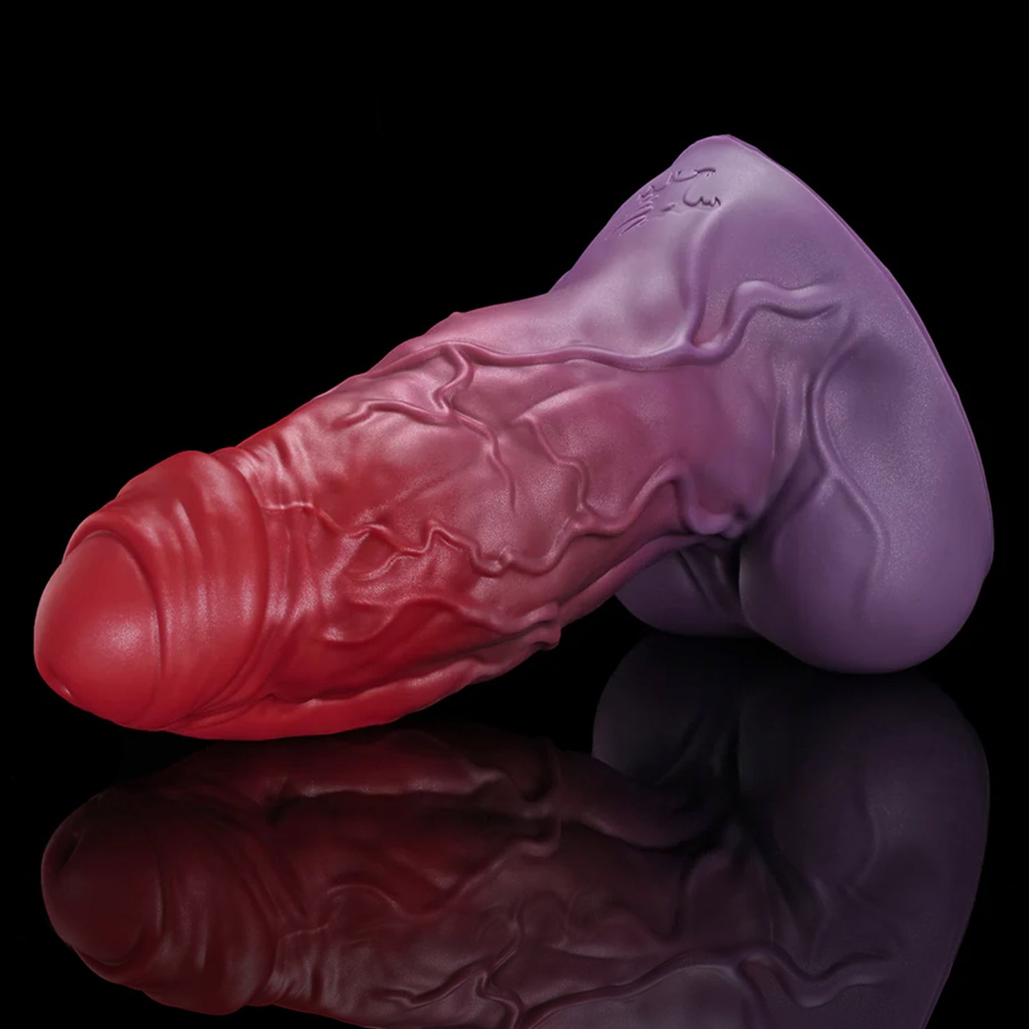 BANNER fantasy monster dildo with a thick muscular shaft, raised veins, rounded balls, and suction-cup base - purple and red custom color low side view
