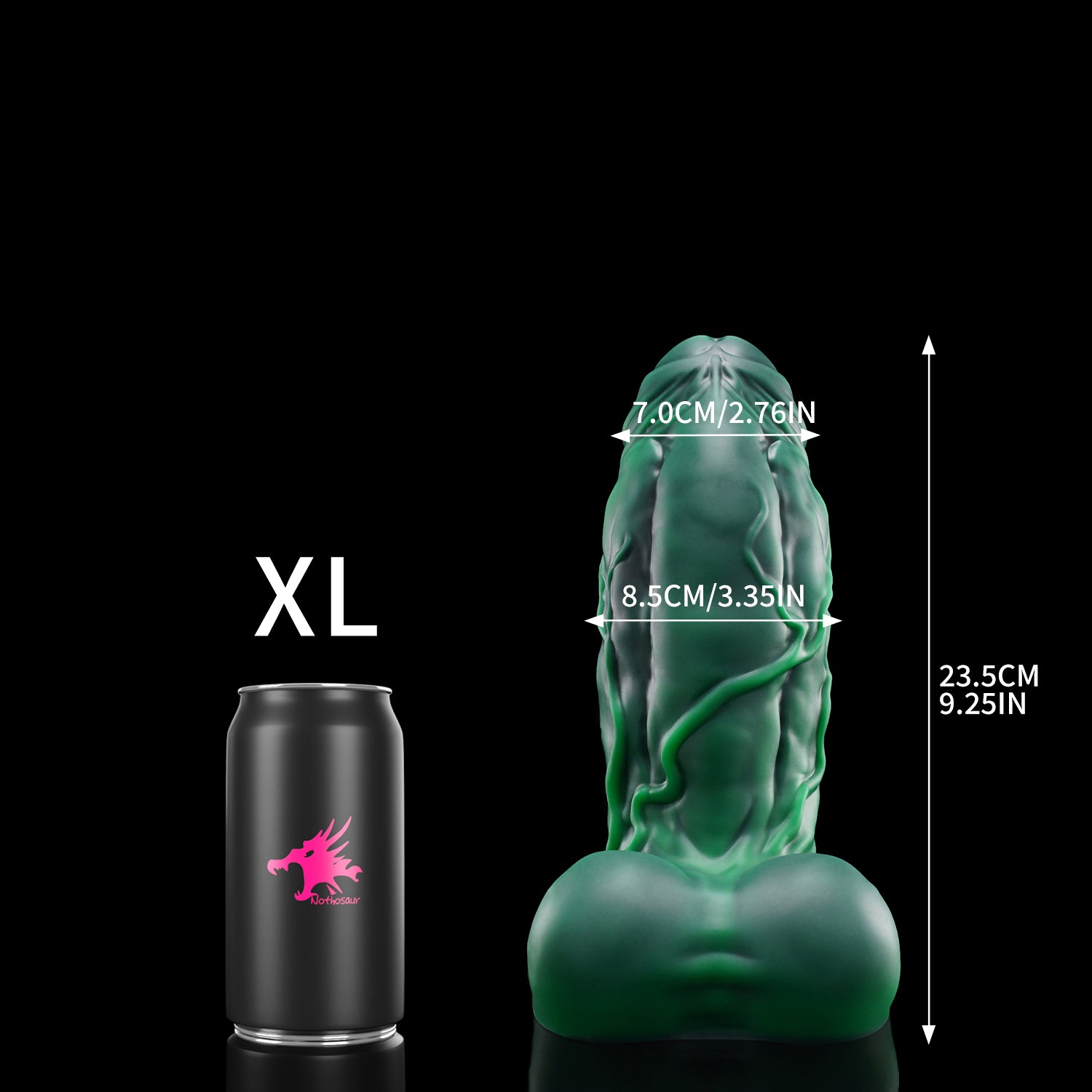 BANNER fantasy monster dildo with a thick muscular shaft, raised veins, rounded balls, and suction-cup base - XL size guide