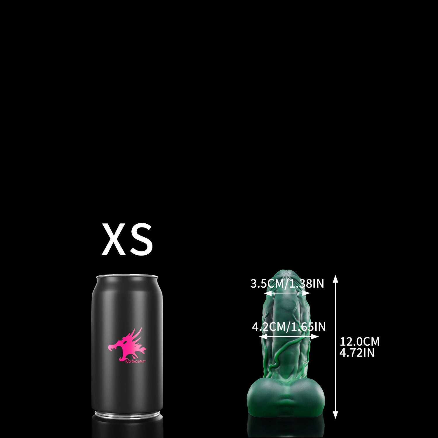 BANNER fantasy monster dildo with a thick muscular shaft, raised veins, rounded balls, and suction-cup base - XS size guide