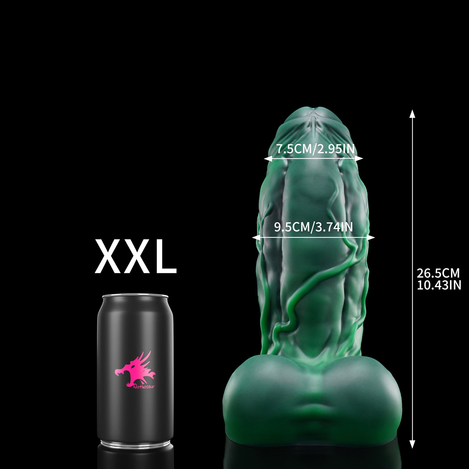 BANNER fantasy monster dildo with a thick muscular shaft, raised veins, rounded balls, and suction-cup base - XXL size guide