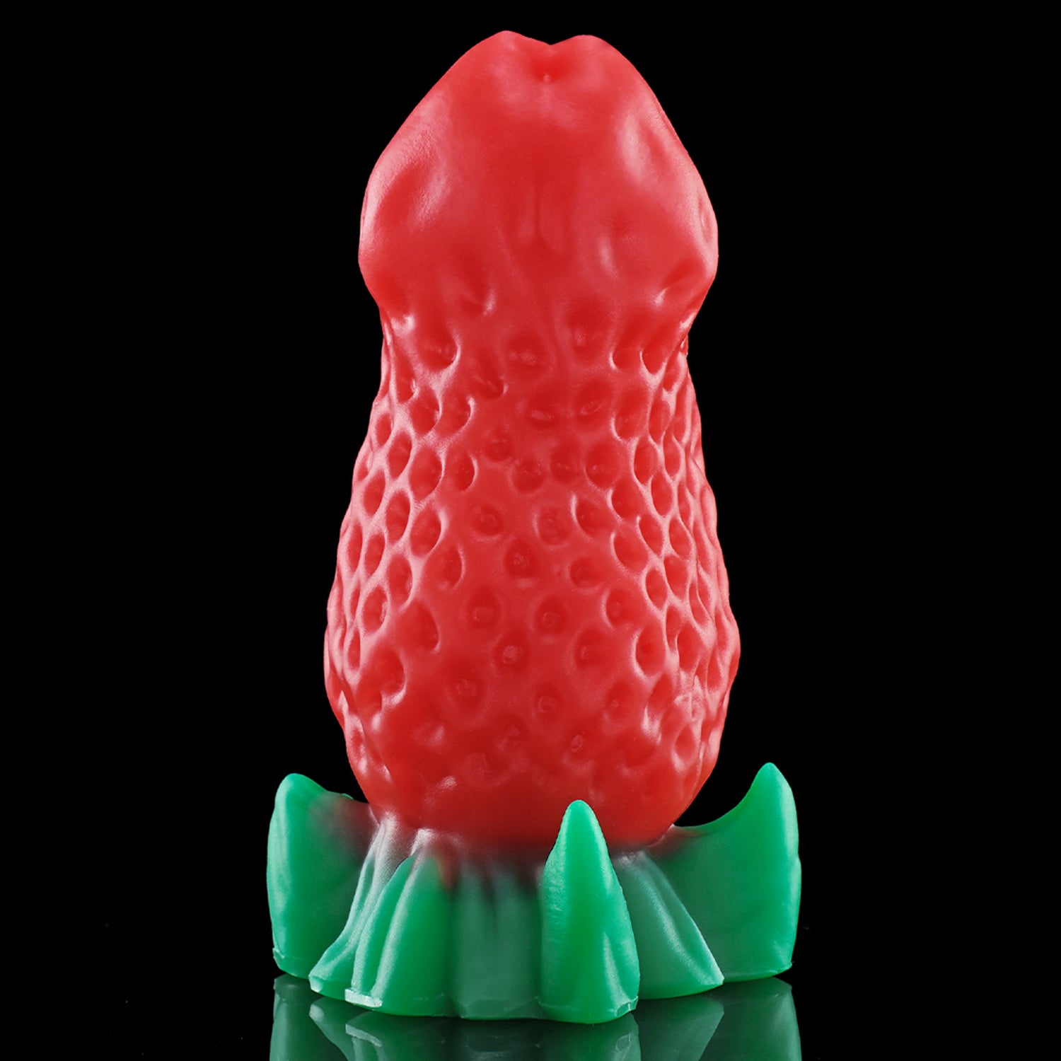 BERRYBLOOM fantasy strawberry butt plug with seed texture, leafy base, and rounded tip - red rear view