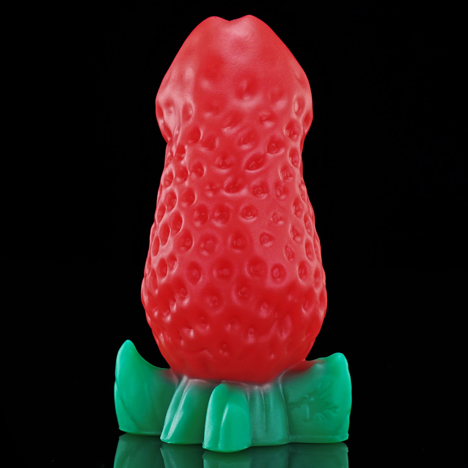 BERRYBLOOM fantasy strawberry butt plug with seed texture, leafy base, and rounded tip - red side profile