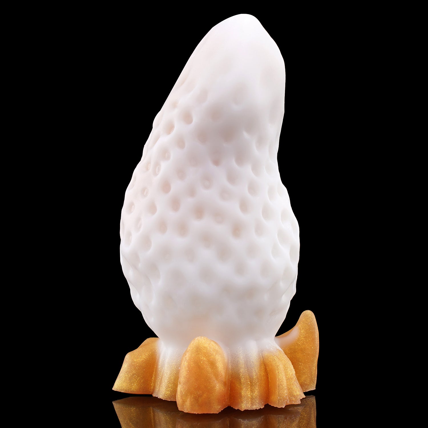 BERRYBLOOM fantasy strawberry butt plug with seed texture, leafy base, and rounded tip - white custom color front view