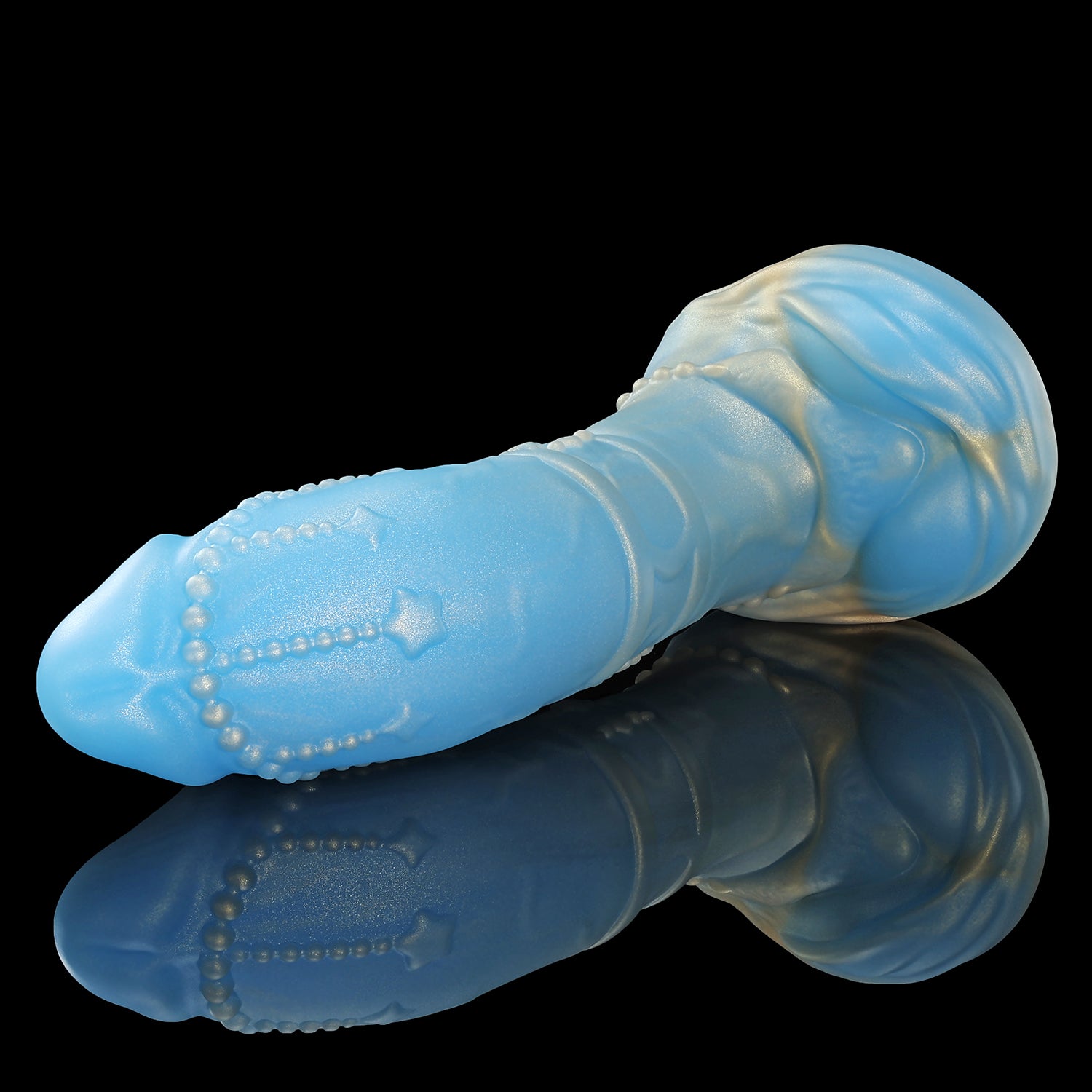 CASTOR fantasy dildo with a gently curved shaft, beaded chain detail, twin rings, and rounded base - blue low side view