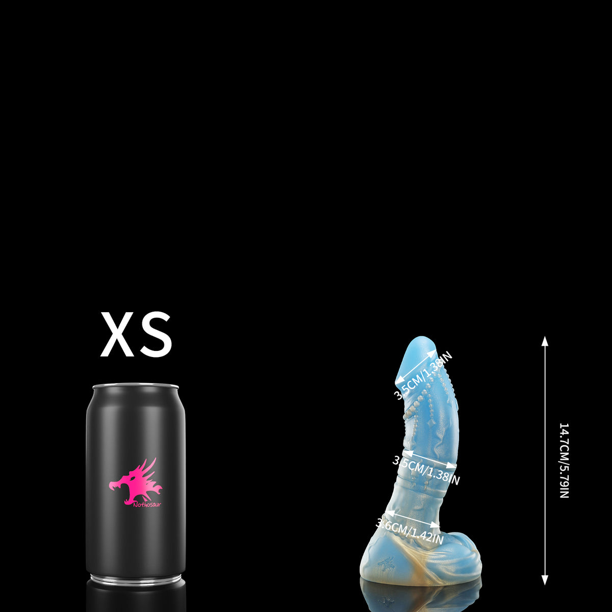 CASTOR fantasy dildo with a gently curved shaft, beaded chain detail, twin rings, and rounded base - XS size guide