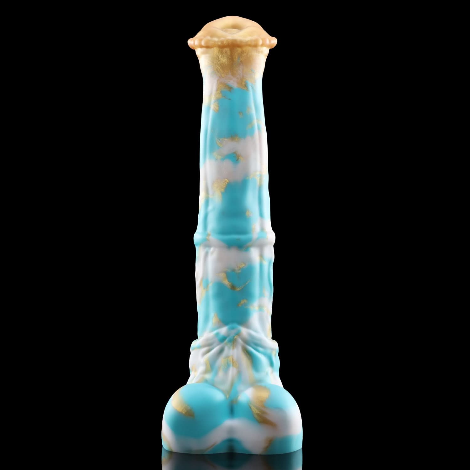 CONOLA fantasy horse dildo with a broad flared head, veined shaft, medial ring, and rounded balls - blue and gold custom color low side view