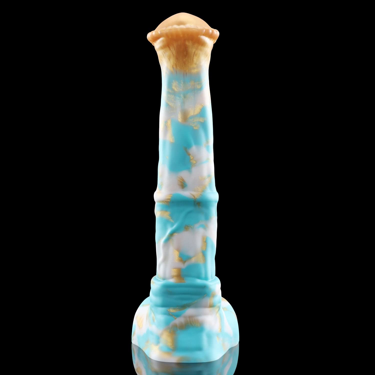 CONOLA fantasy horse dildo with a broad flared head, veined shaft, medial ring, and rounded balls - blue and gold custom color side profile