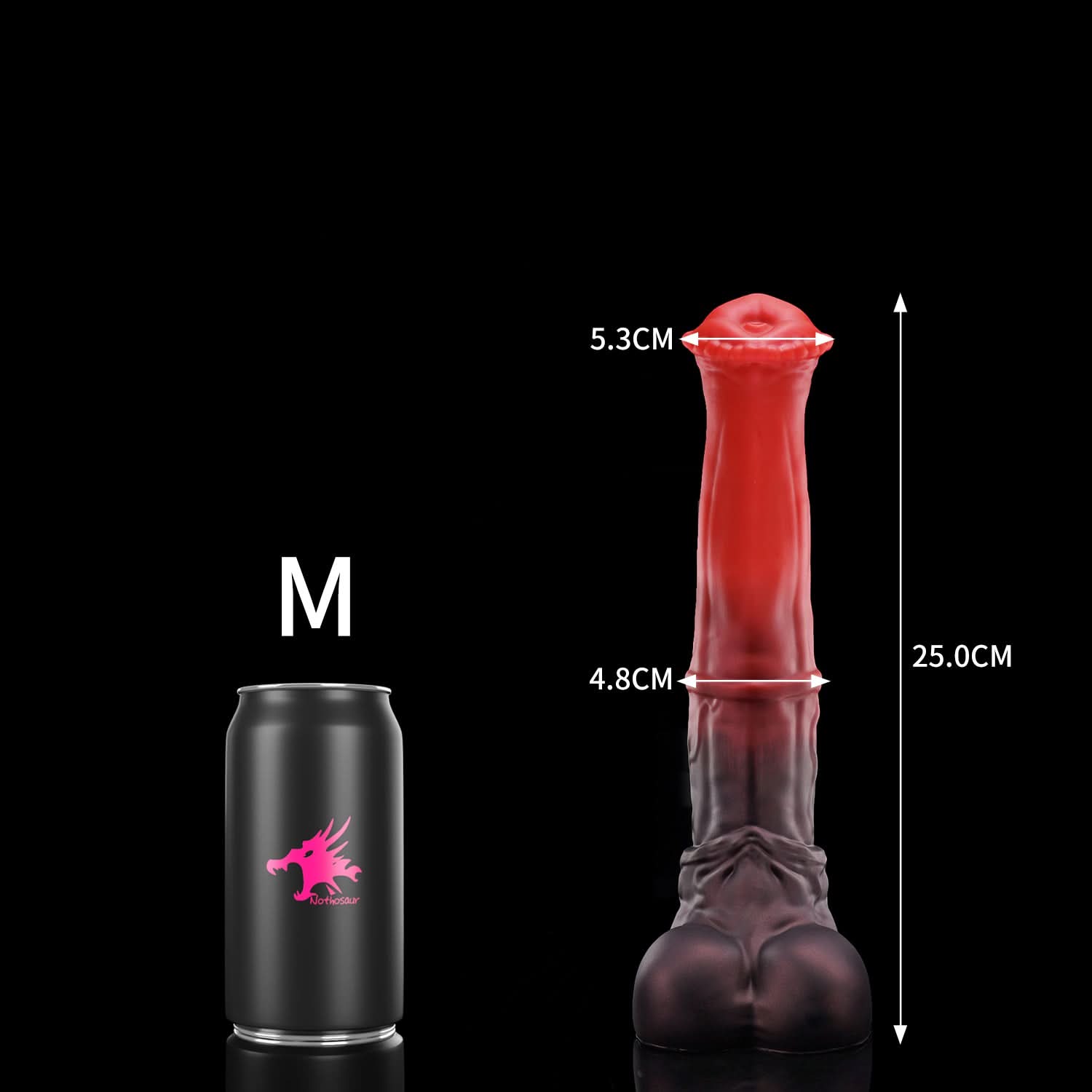 CONOLA fantasy horse dildo with a broad flared head, veined shaft, medial ring, and rounded balls - M size guide