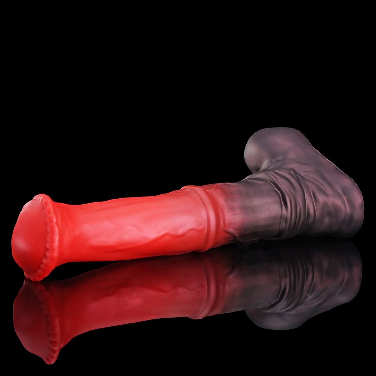 CONOLA fantasy horse dildo with a broad flared head, veined shaft, medial ring, and rounded balls - red angled view