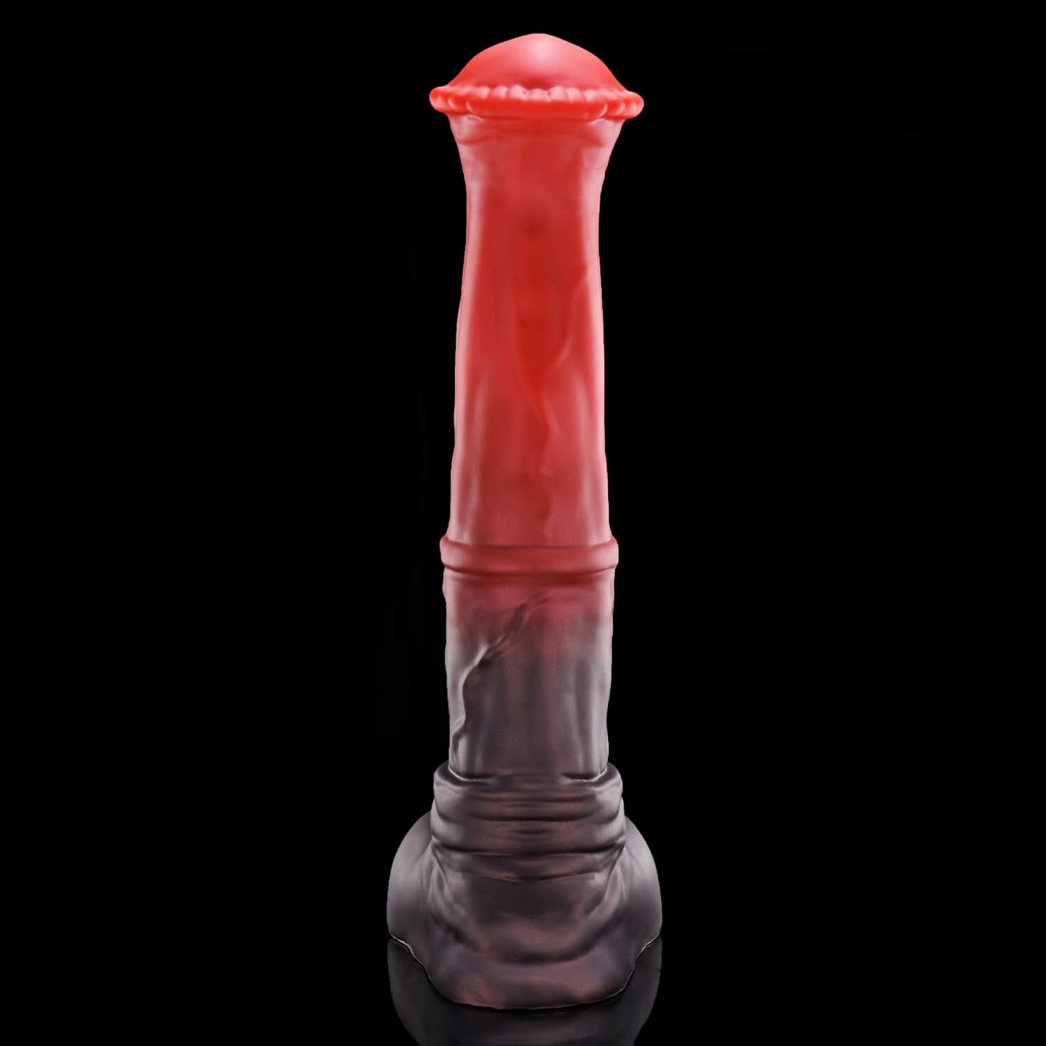 CONOLA fantasy horse dildo with a broad flared head, veined shaft, medial ring, and rounded balls - red front view