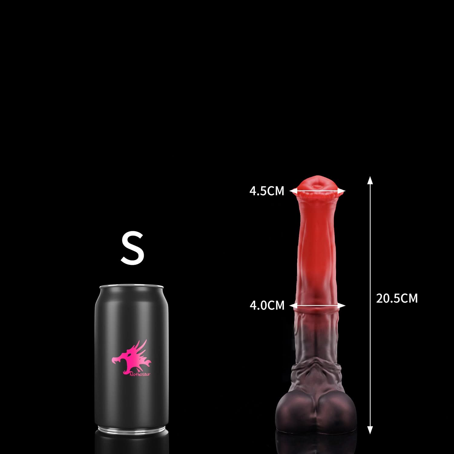 CONOLA fantasy horse dildo with a broad flared head, veined shaft, medial ring, and rounded balls - S size guide