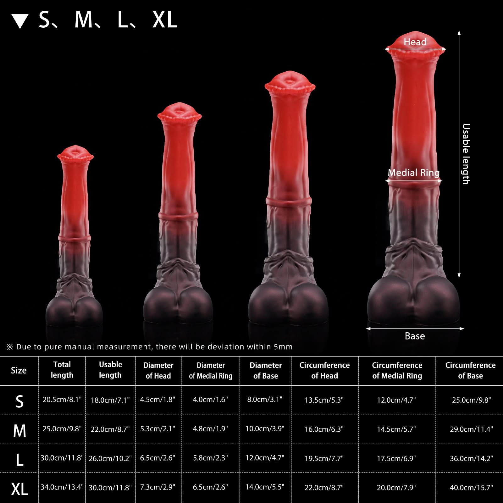 CONOLA fantasy horse dildo with a broad flared head, veined shaft, medial ring, and rounded balls - size chart
