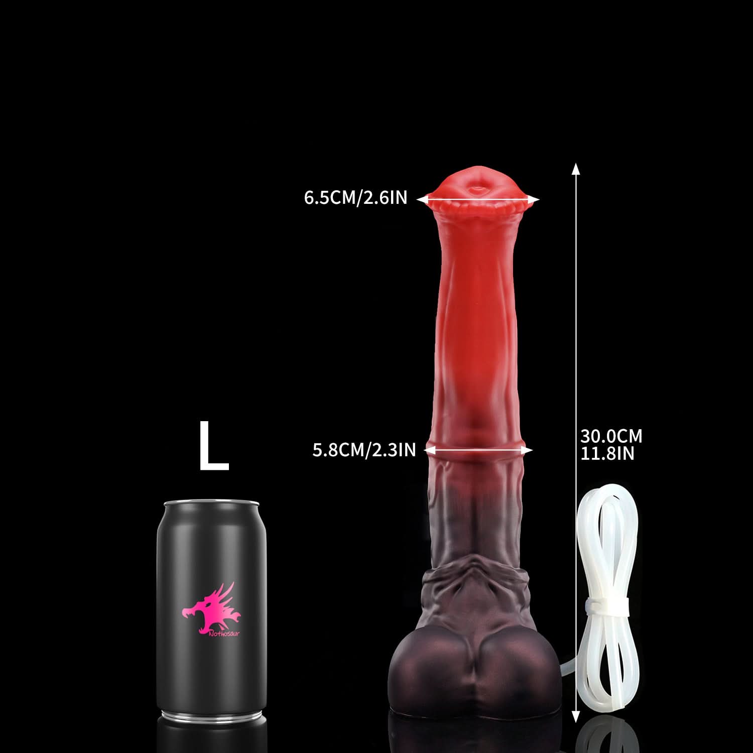 CONOLA plus tube fantasy horse ejaculating dildo with a broad flared head, veined shaft, and built-in tube - L size guide with tube