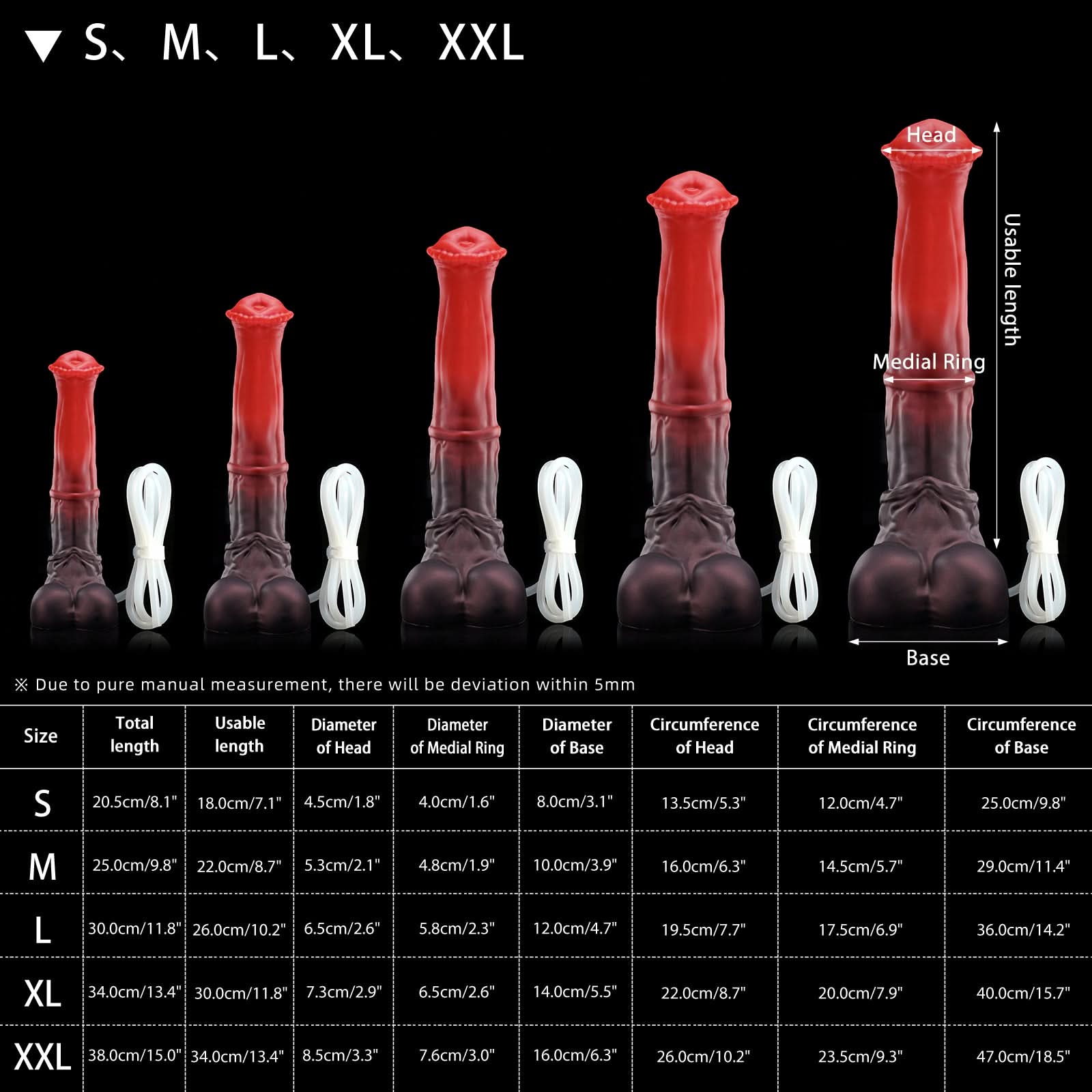 CONOLA plus tube fantasy horse ejaculating dildo with a broad flared head, veined shaft, and built-in tube - tube and size chart