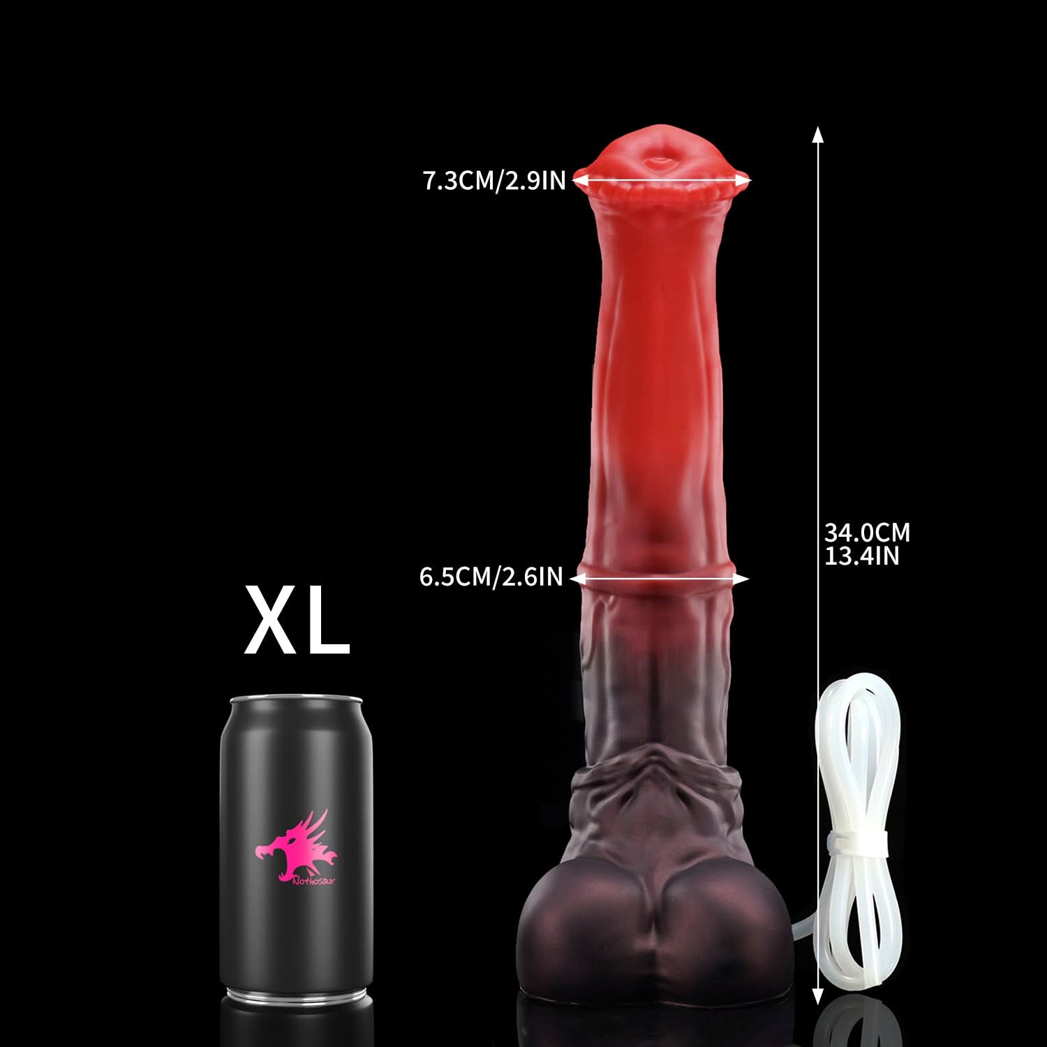 CONOLA plus tube fantasy horse ejaculating dildo with a broad flared head, veined shaft, and built-in tube - XL size guide with tube