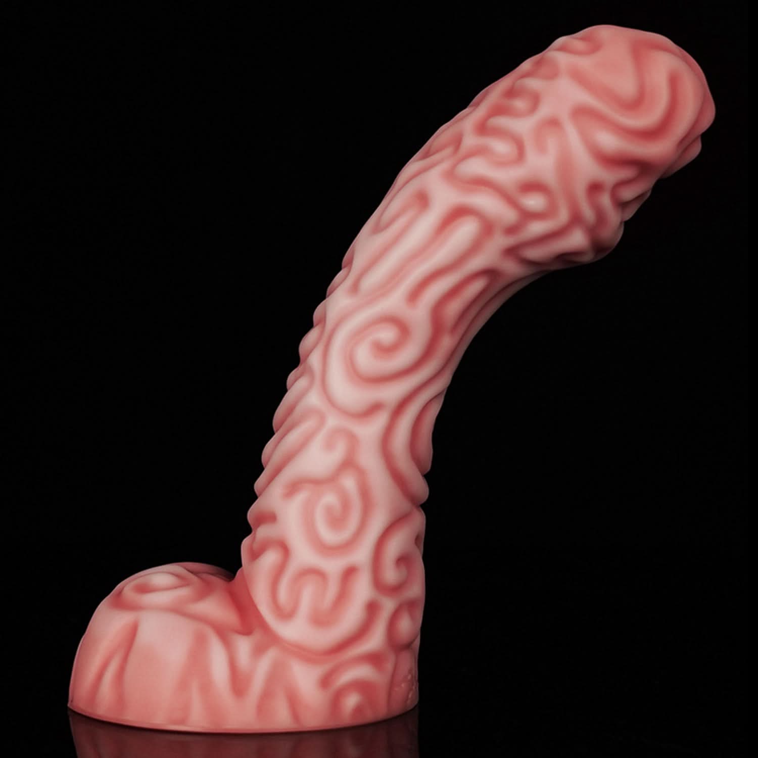 DEVIL FRUIT fantasy fruit dildo with raised spiral texture, a curved shaft, and flared suction-cup base - pink custom color side profile