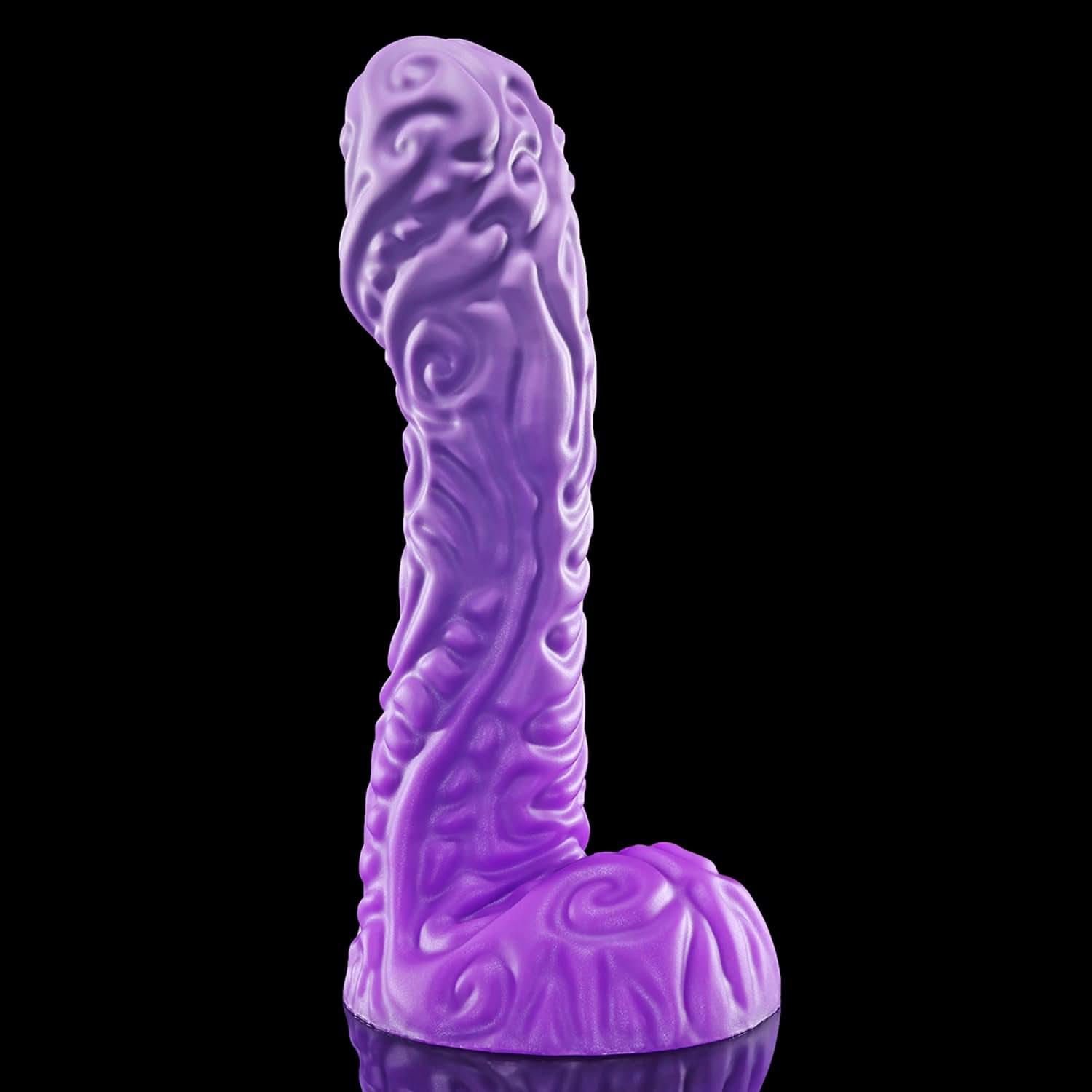 DEVIL FRUIT fantasy fruit dildo with raised spiral texture, a curved shaft, and flared suction-cup base - purple custom color side profile