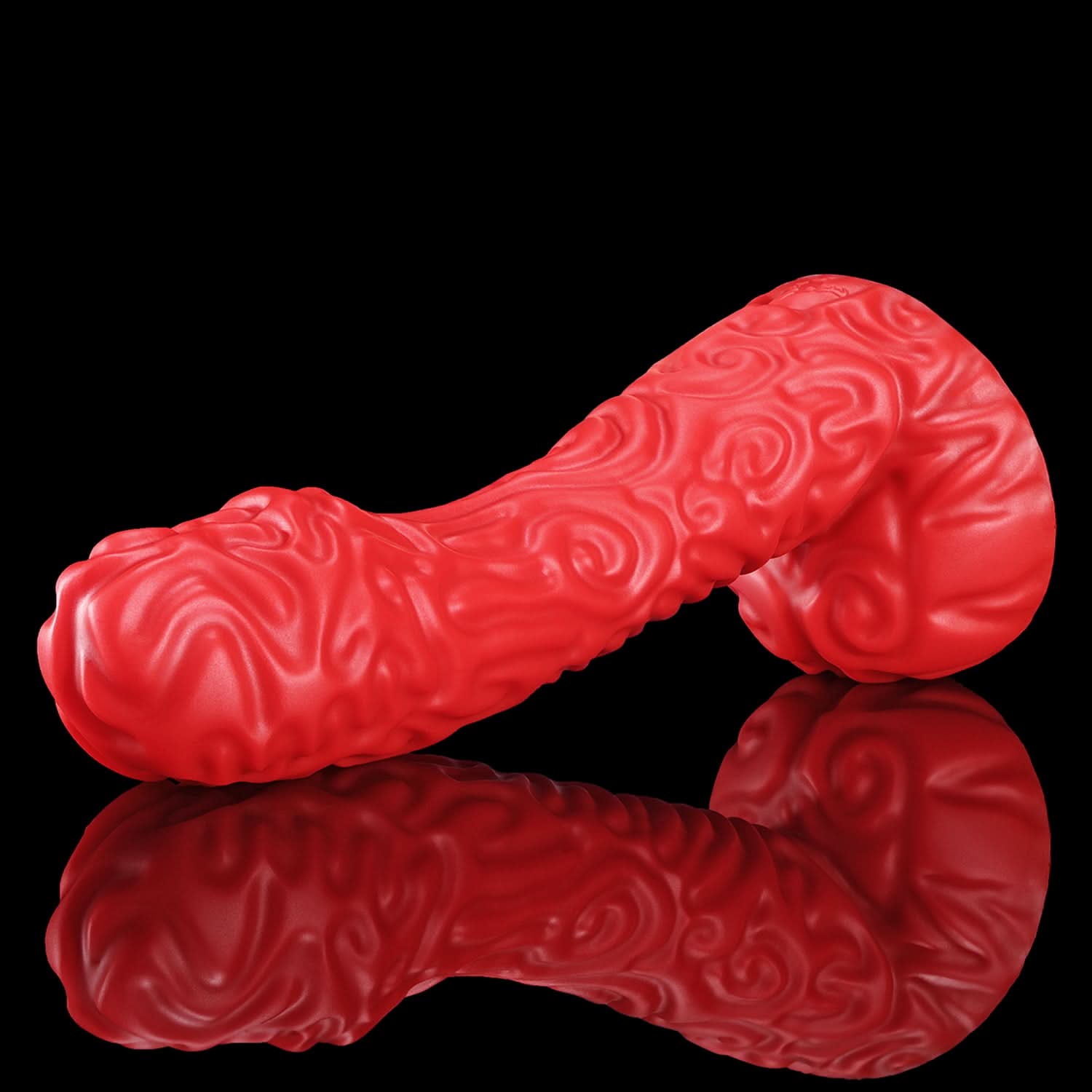 DEVIL FRUIT fantasy fruit dildo with raised spiral texture, a curved shaft, and flared suction-cup base - red custom color low side view