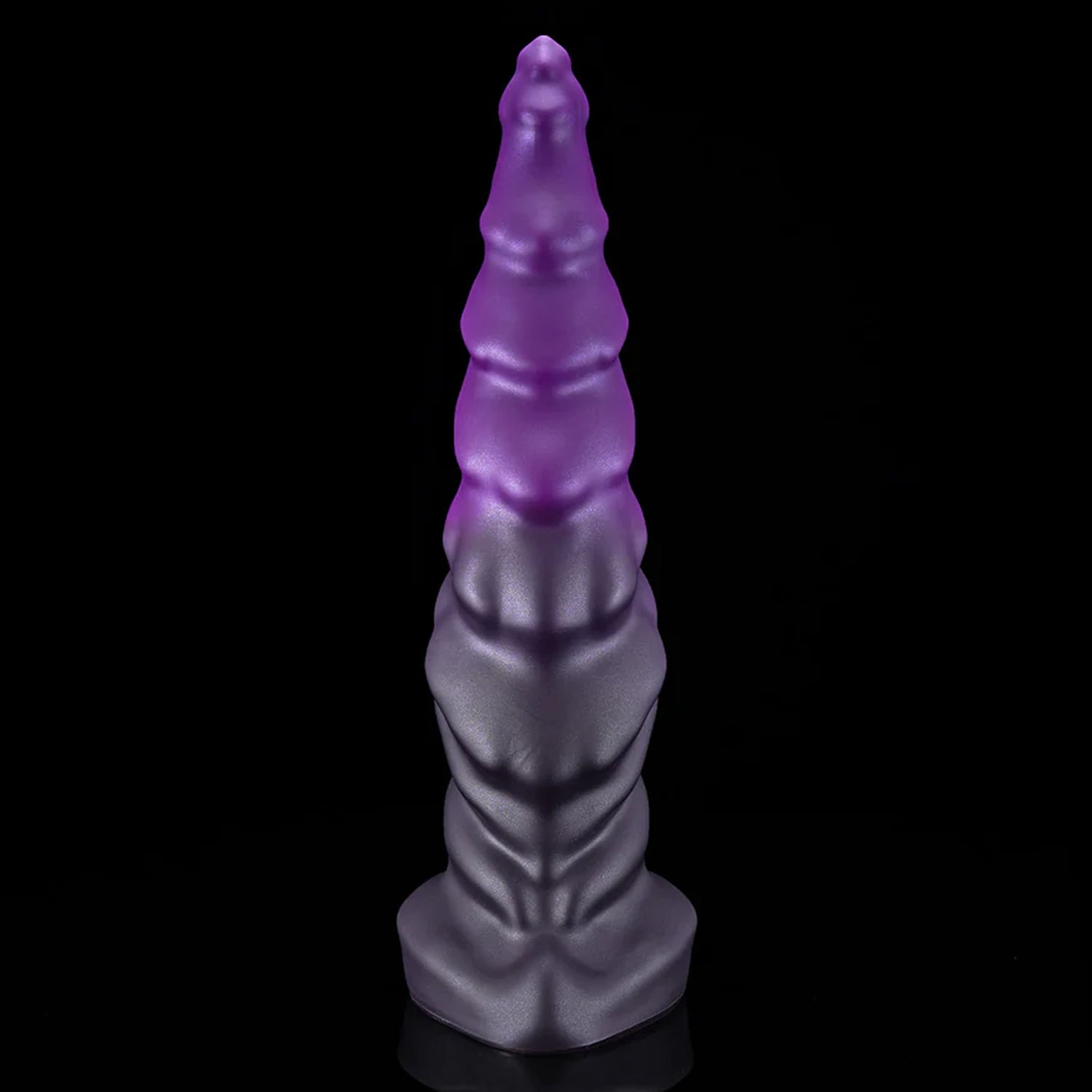 EIN fantasy unicorn dildo with a layered horn texture and wide suction-cup base - purple rear view