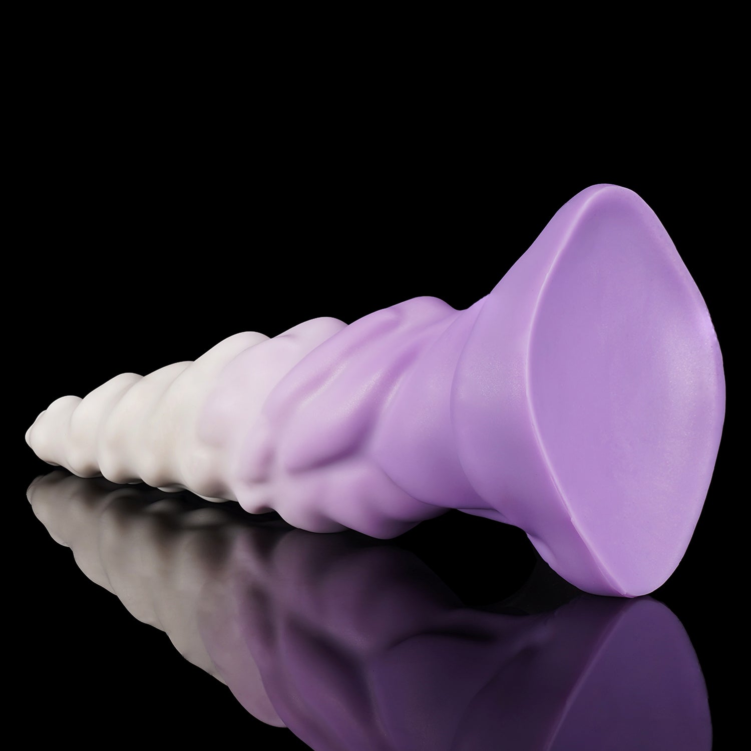 EIN fantasy unicorn dildo with a layered horn texture and wide suction-cup base - white and purple custom color angled view