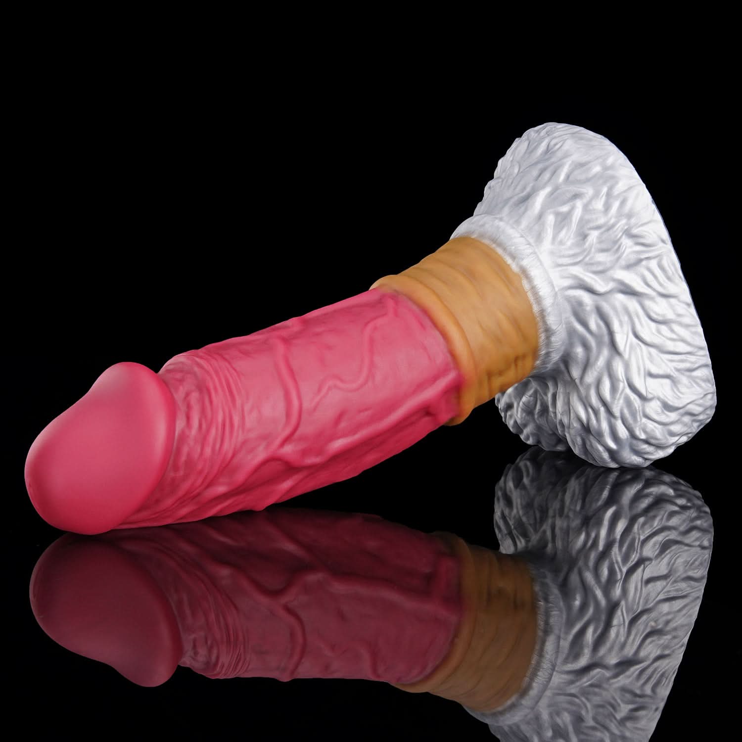 FAMARIO fantasy monster dildo with a textured shaft, sculpted furry base, and rounded balls - pink and white angled side view