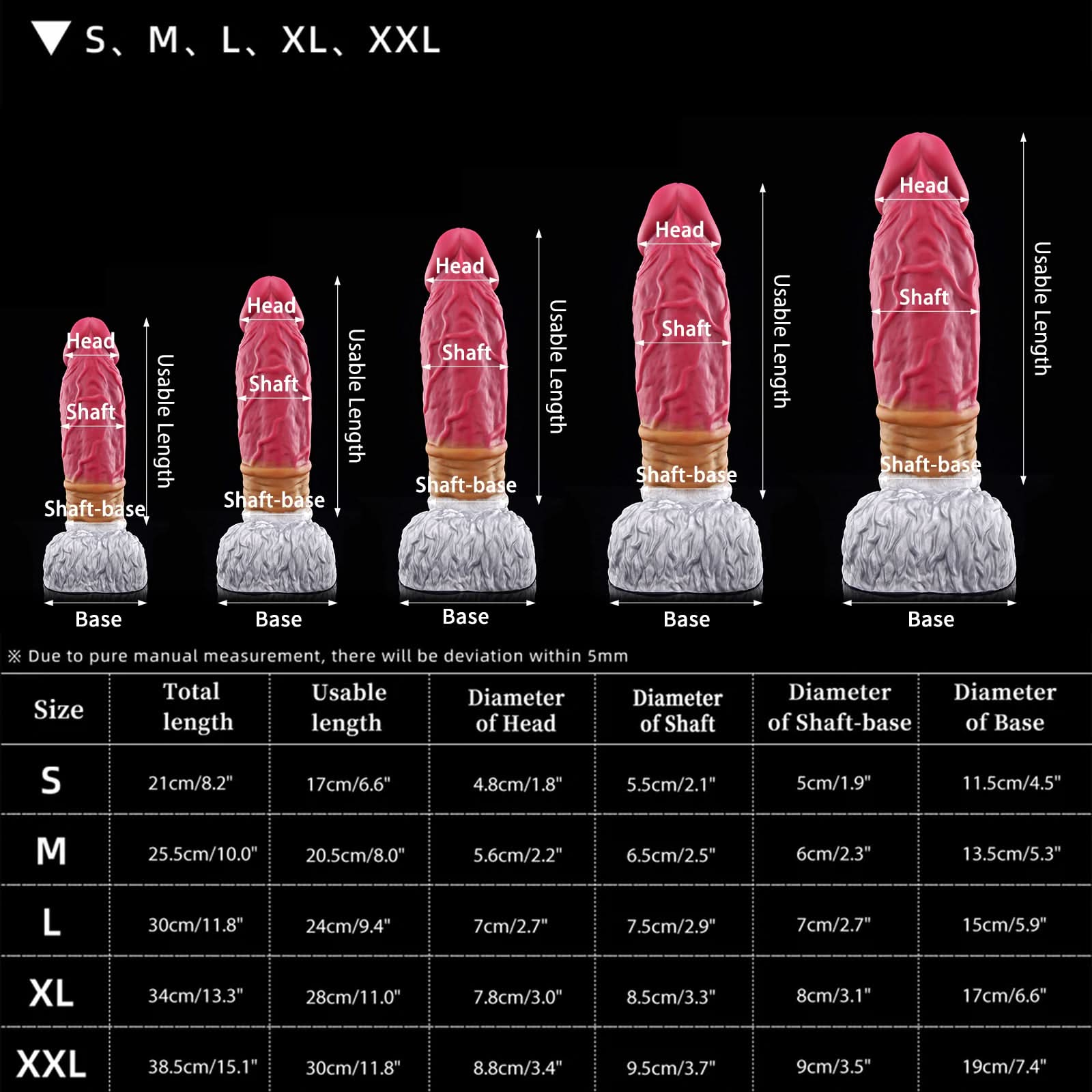 FAMARIO fantasy monster dildo with a textured shaft, sculpted furry base, and rounded balls - size chart