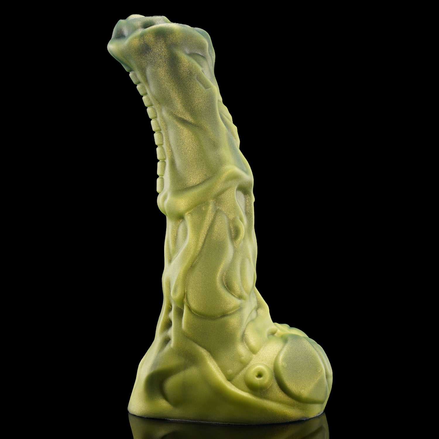 FIGURE fantasy horse dildo with a textured biomechanical shaft, sculpted head, and rounded balls - green side profile