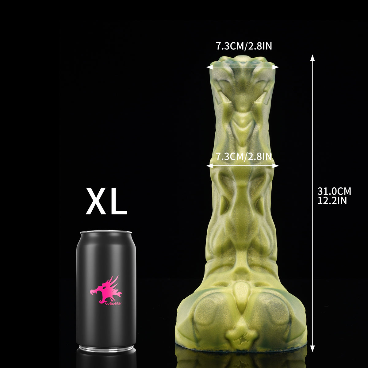 FIGURE fantasy horse dildo with a textured biomechanical shaft, sculpted head, and rounded balls - XL size guide
