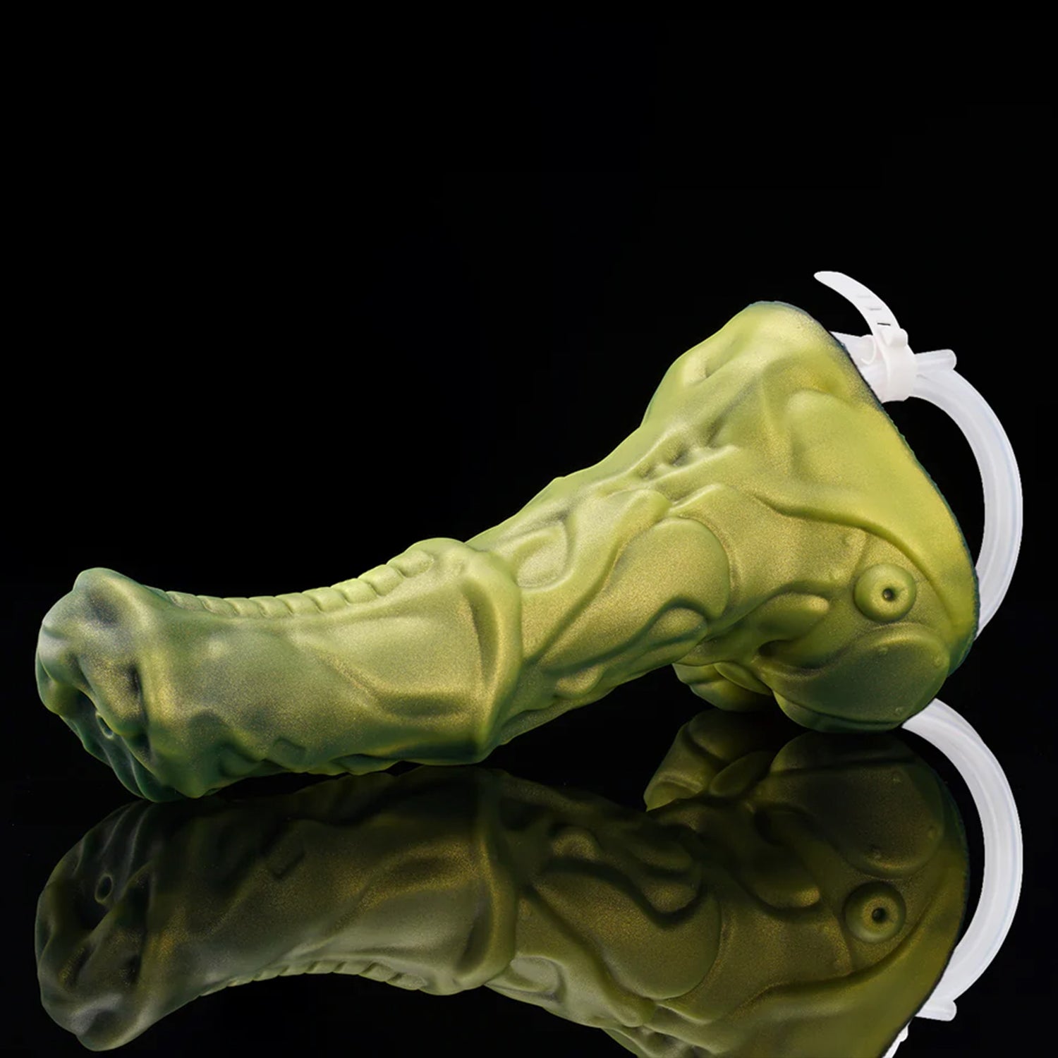 FIGURE plus tube fantasy horse ejaculating dildo with a textured biomechanical shaft and built-in tube - green angled side view with tube