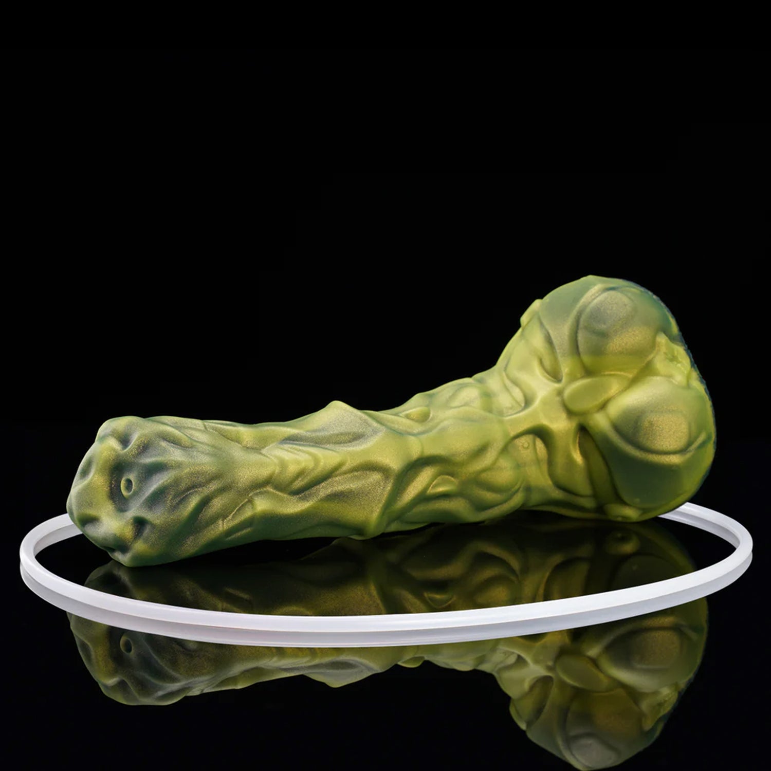 FIGURE plus tube fantasy horse ejaculating dildo with a textured biomechanical shaft and built-in tube - green low side view with tube