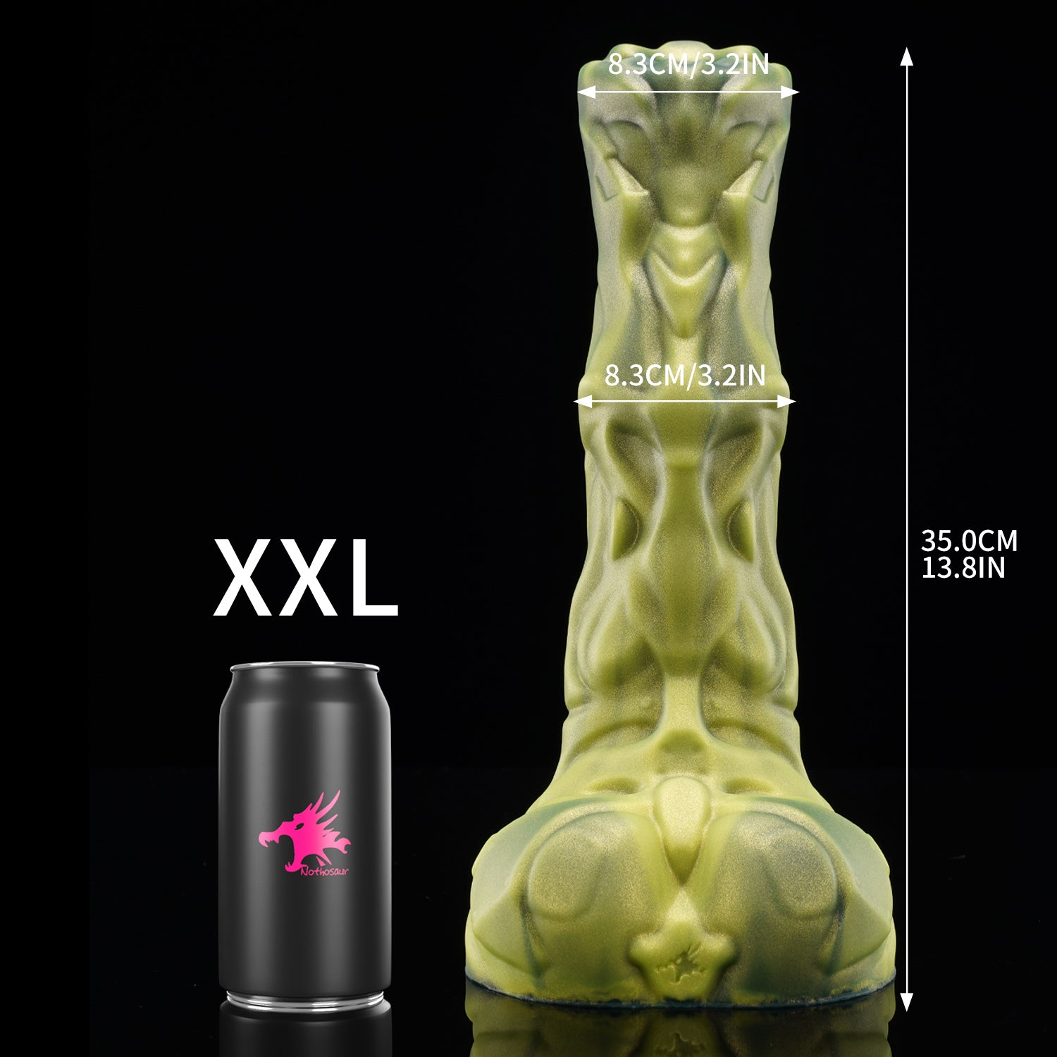 FIGURE plus tube fantasy horse ejaculating dildo with a textured biomechanical shaft and built-in tube - XXL size guide with tube
