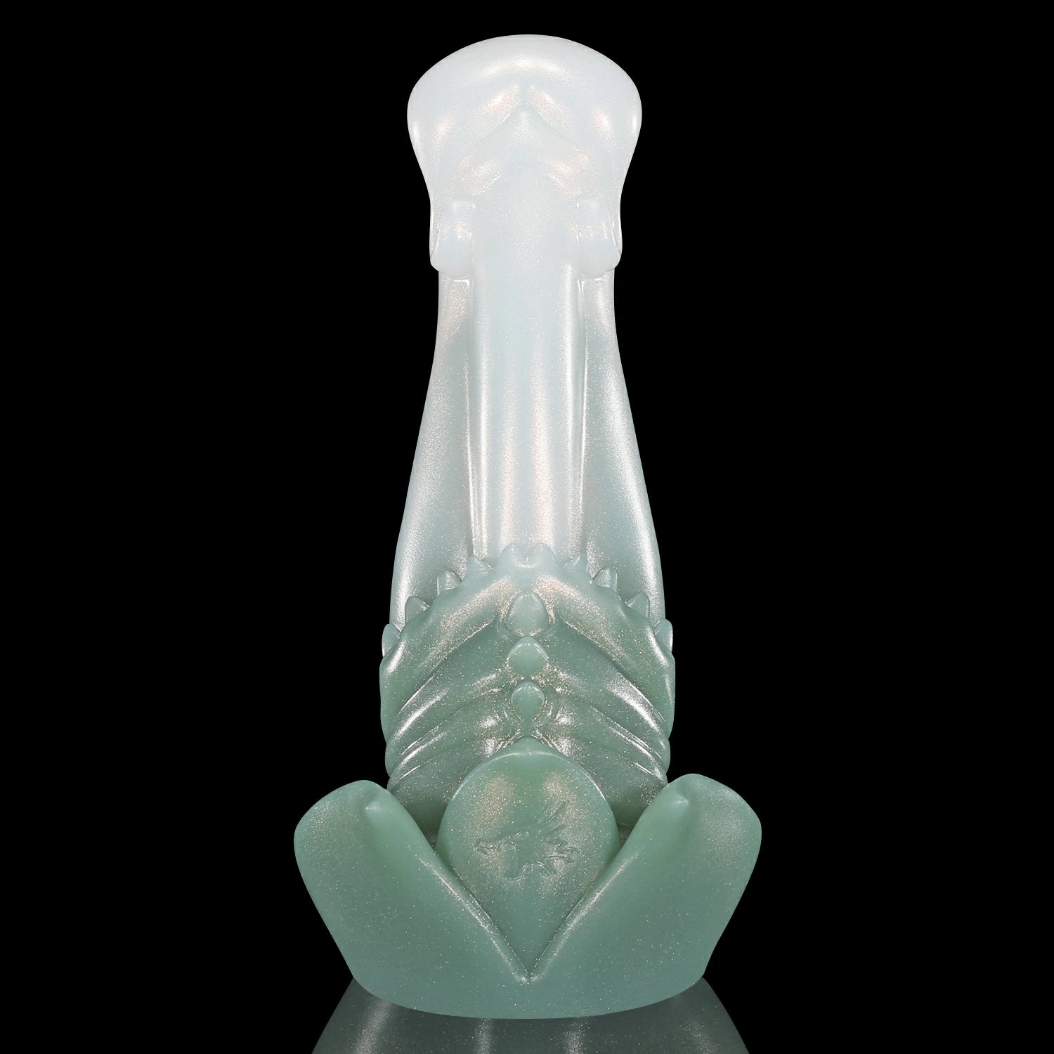 GLOSSY BEELZEBUB fantasy dildo with a rounded head, tendril-like details, serrated texture, and glossy finish - green and white custom color side profile