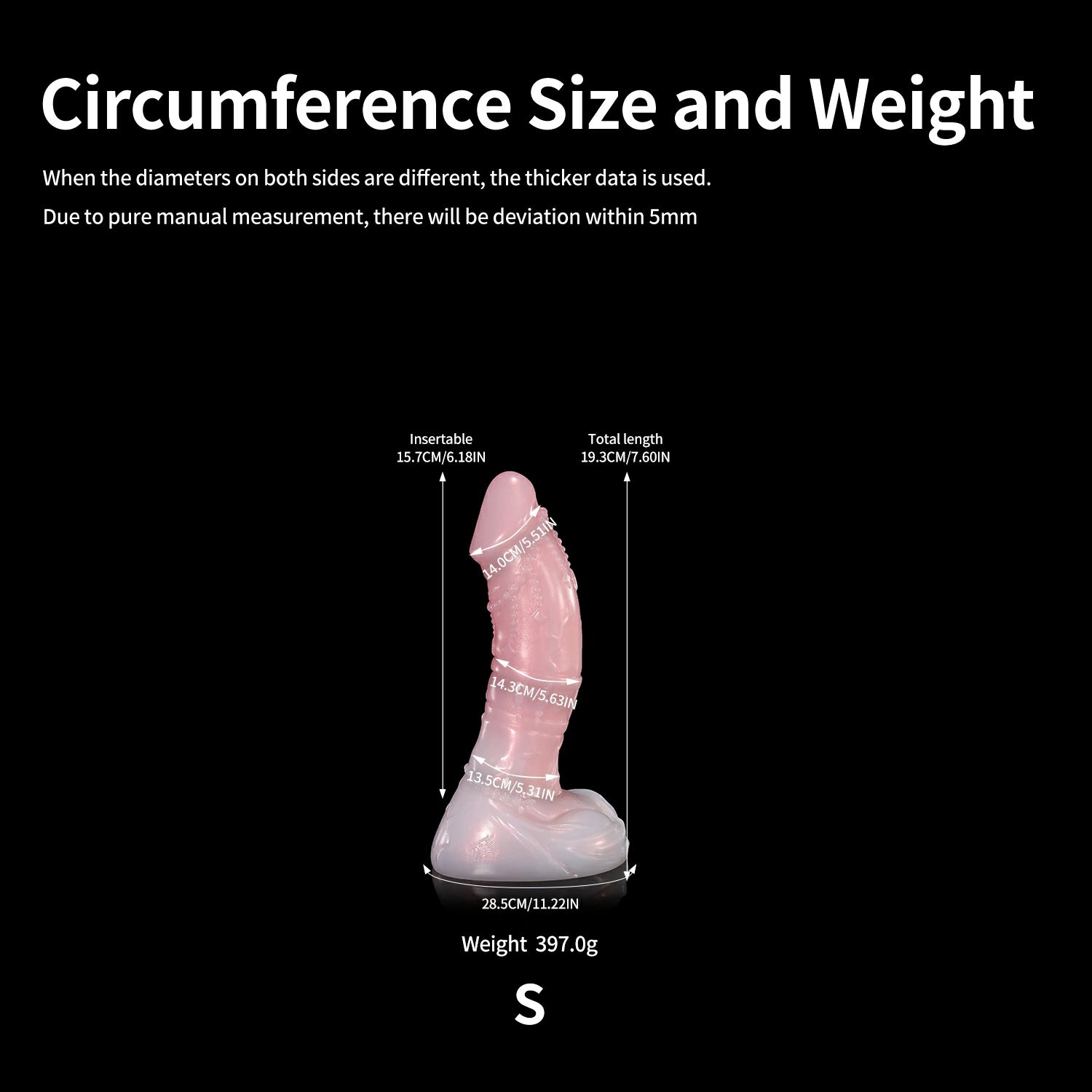 GLOSSY CASTOR fantasy dildo with a curved textured shaft, rounded head, and glossy finish - circumference size and weight chart