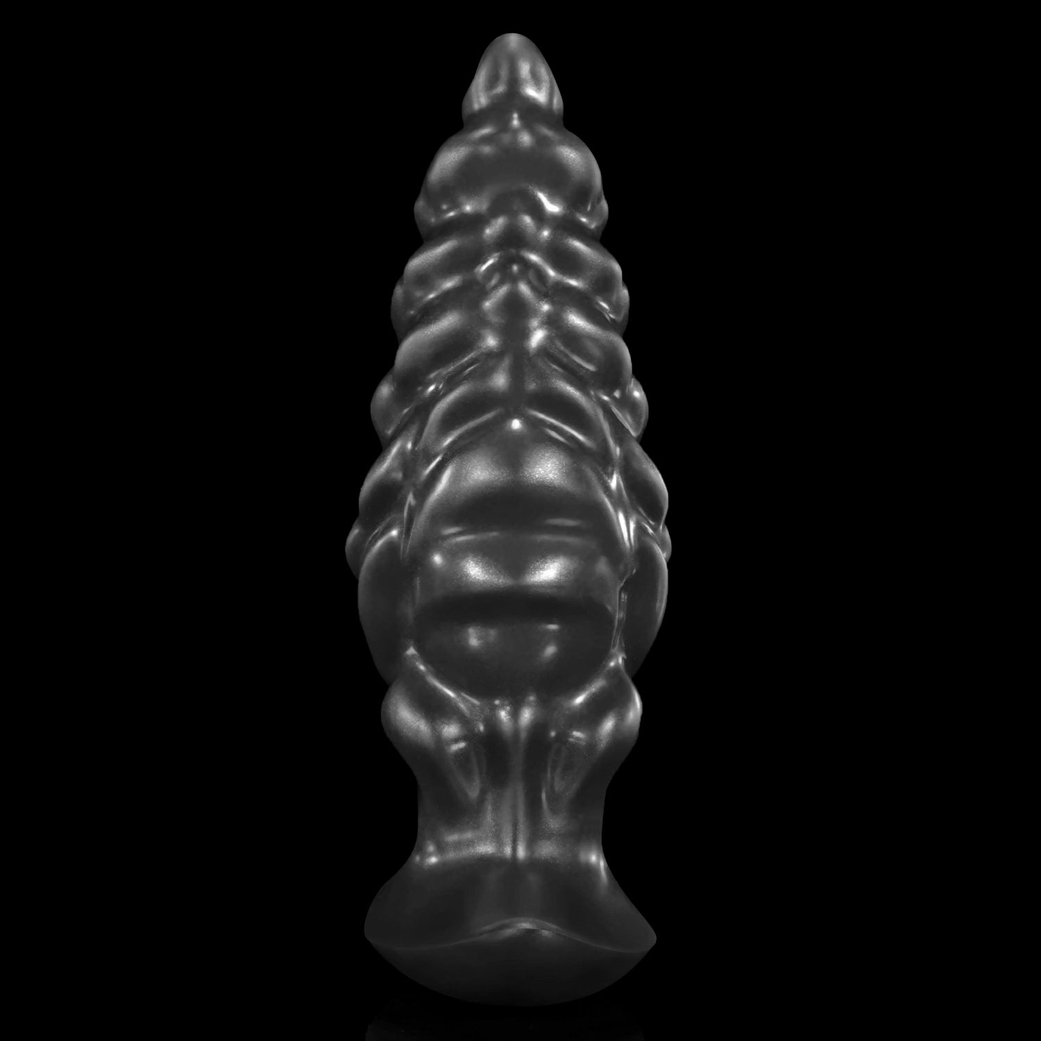GLOSSY EIN fantasy butt plug with layered spiral texture, flared base, and glossy finish - black custom color rear view