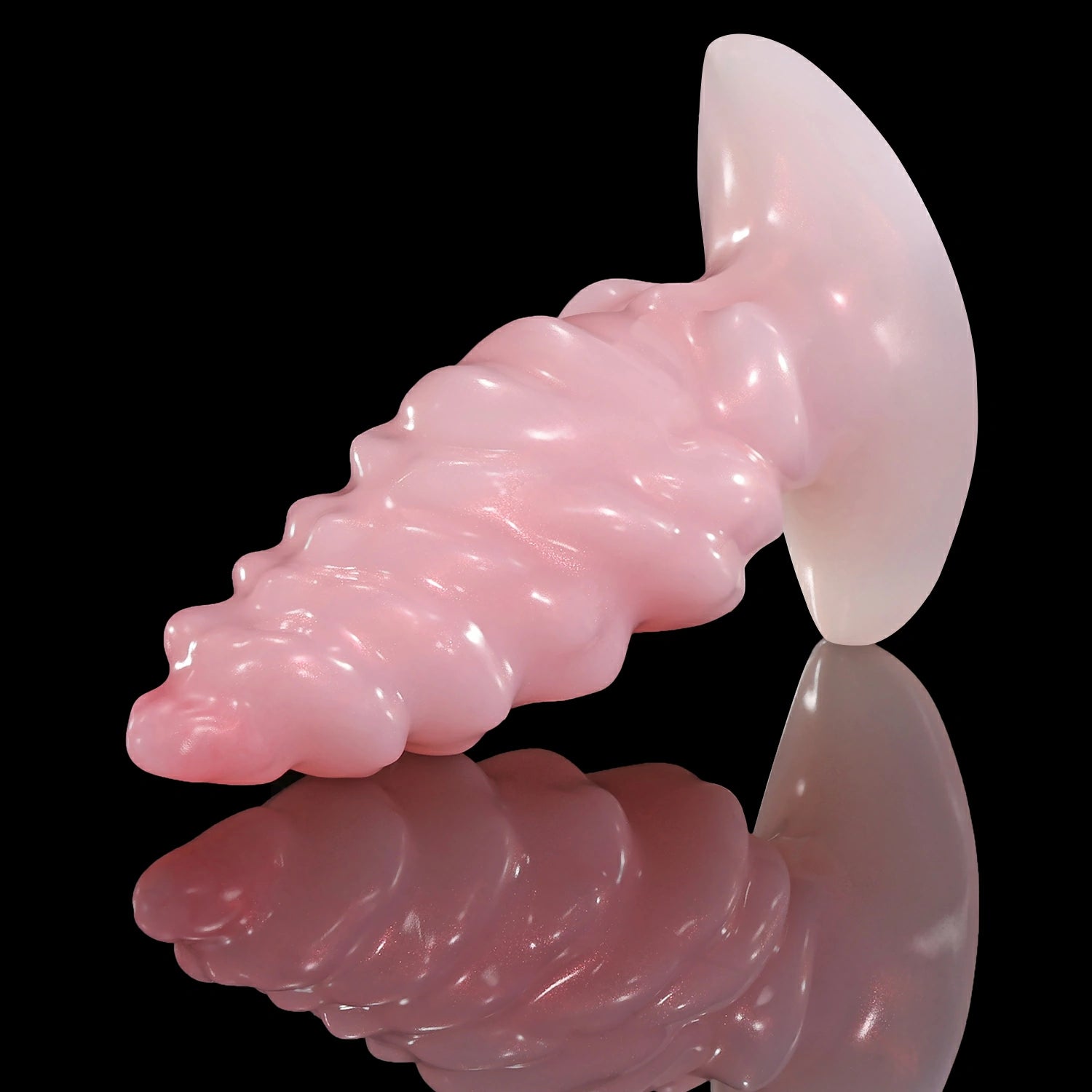 GLOSSY EIN fantasy butt plug with layered spiral texture, flared base, and glossy finish - pink angled side view