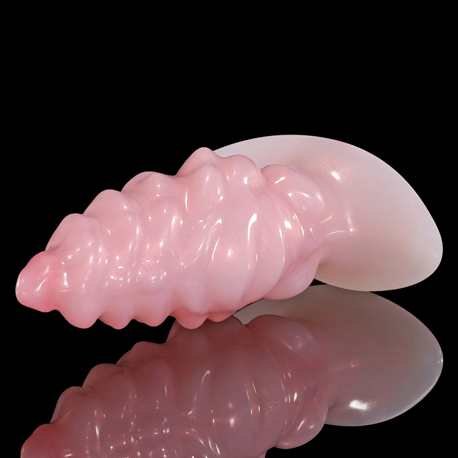 GLOSSY EIN fantasy butt plug with layered spiral texture, flared base, and glossy finish - pink low side view
