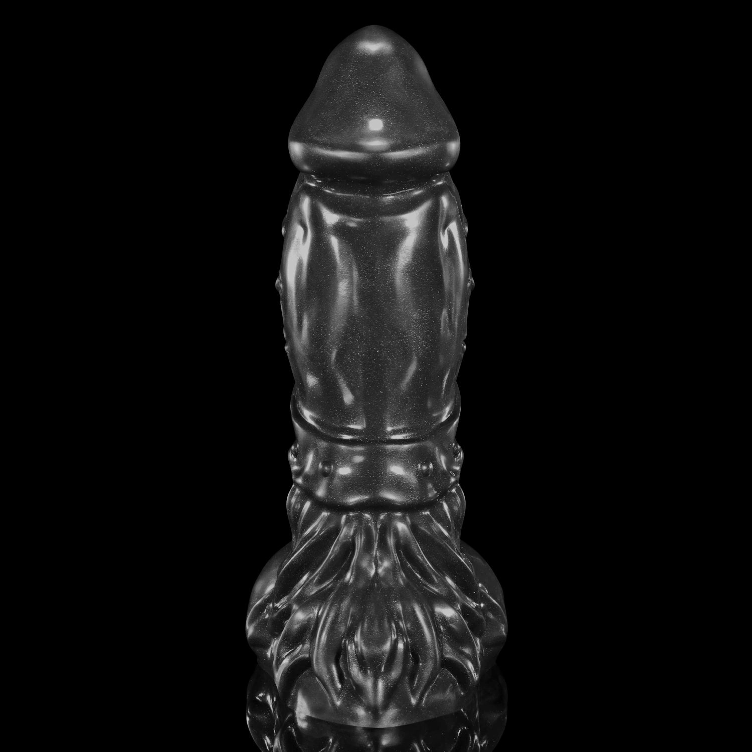 GLOSSY LICH fantasy dildo with a sculpted textured shaft, rounded base, and glossy finish - black custom color rear view