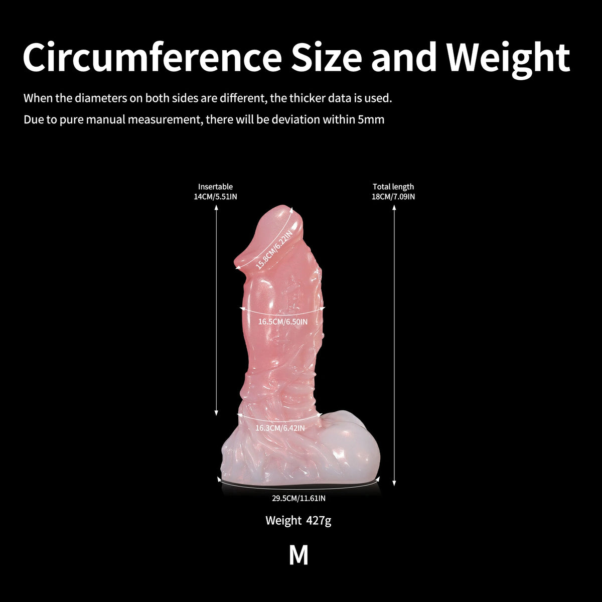 GLOSSY LICH fantasy dildo with a sculpted textured shaft, rounded base, and glossy finish - circumference size and weight chart