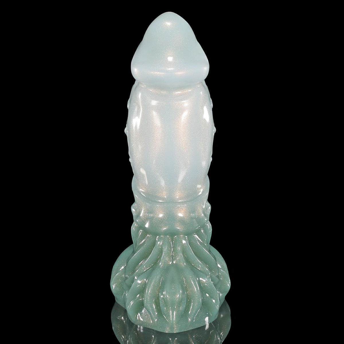 GLOSSY LICH fantasy dildo with a sculpted textured shaft, rounded base, and glossy finish - green and white custom color rear view