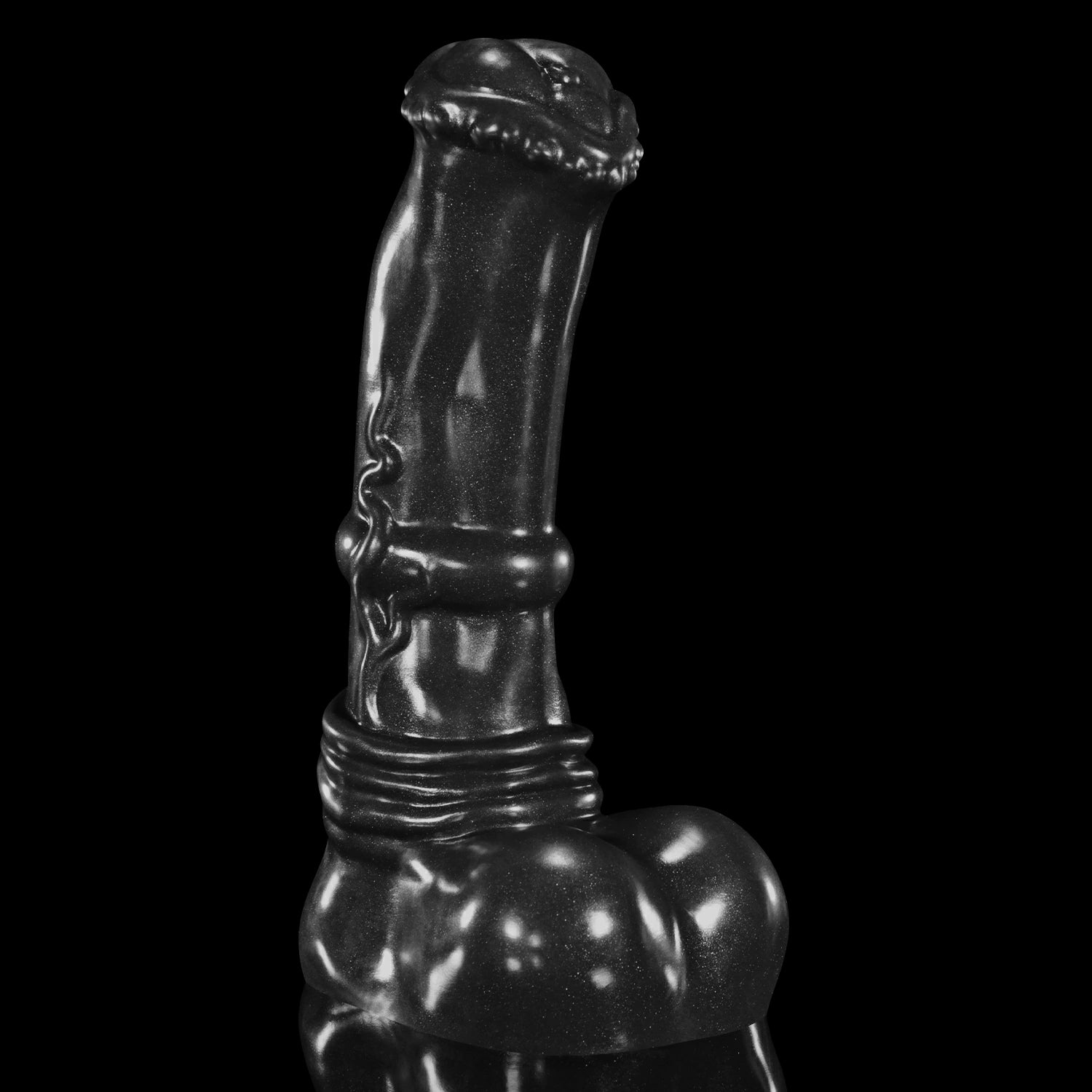 GLOSSY LOLLY fantasy horse dildo with a rounded head, raised shaft texture, rounded balls, and glossy finish - black custom color side profile