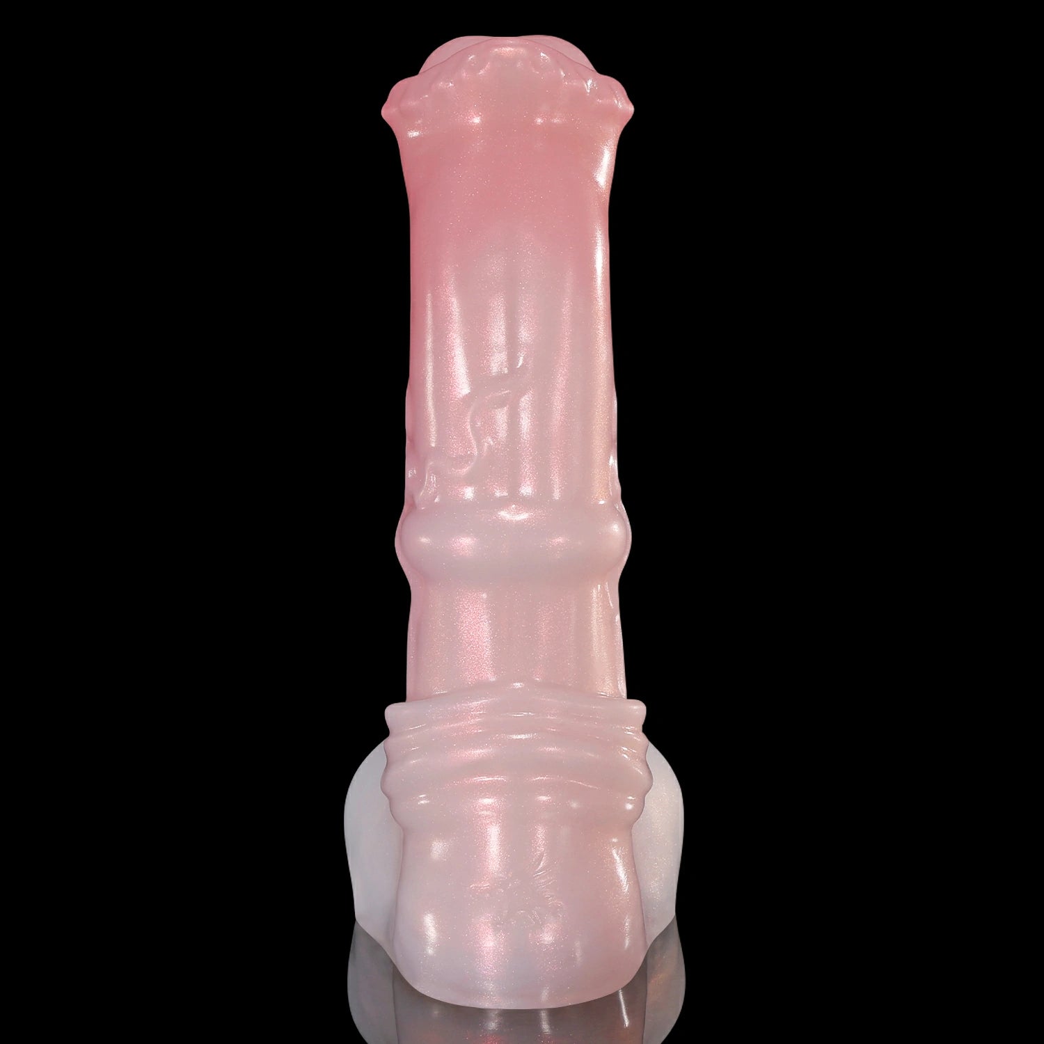 GLOSSY LOLLY fantasy horse dildo with a rounded head, raised shaft texture, rounded balls, and glossy finish - pink rear view