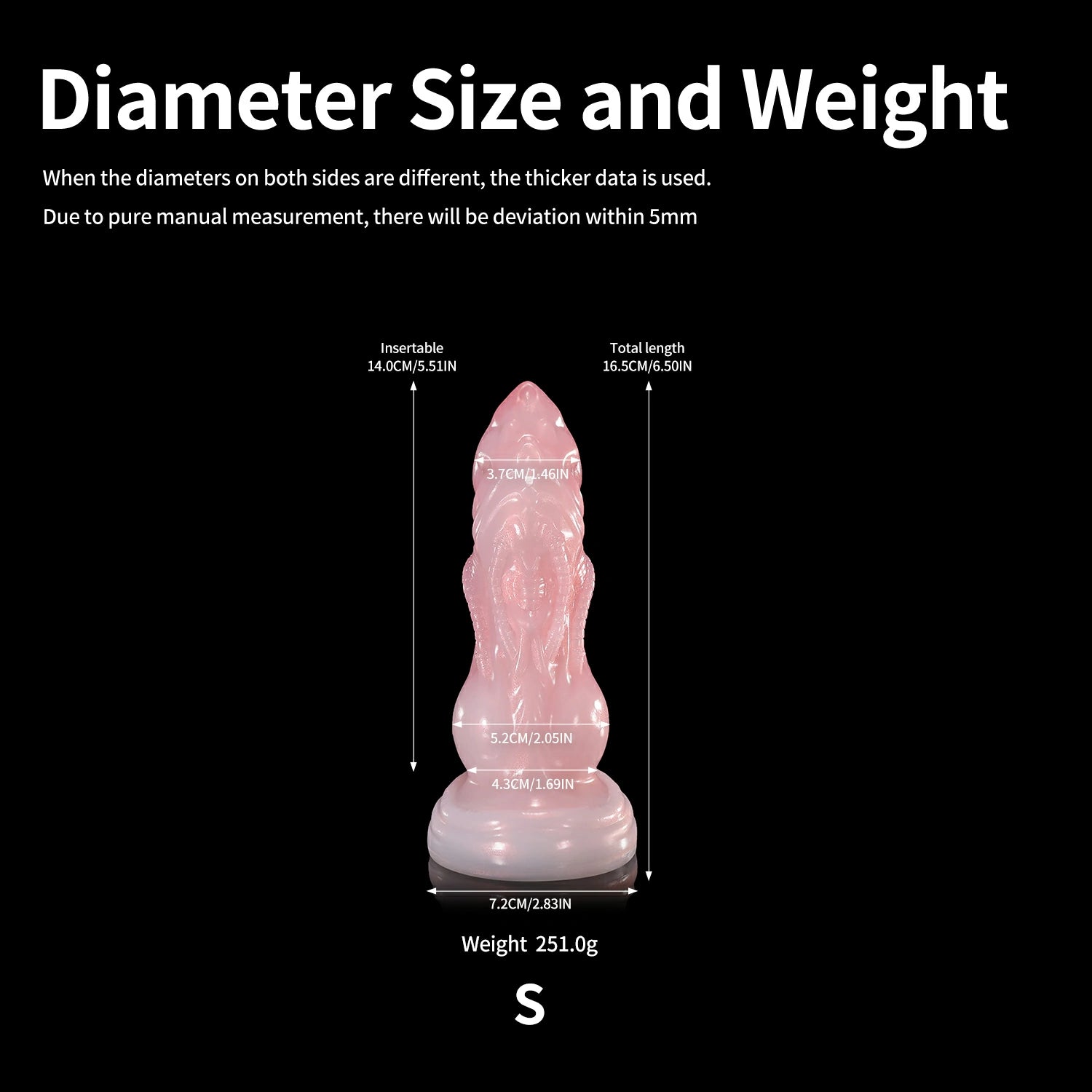 Nothosaur GLOSSY NEO-09 fantasy knot dildo with a pointed tip, textured side tubes, and a base knot - diameter size chart