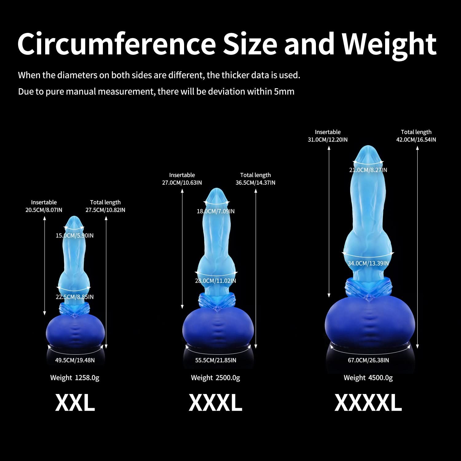 Nothosaur GRAEMEN dog knot dildo with a tapered head, smooth shaft, and full knot - circumference size chart