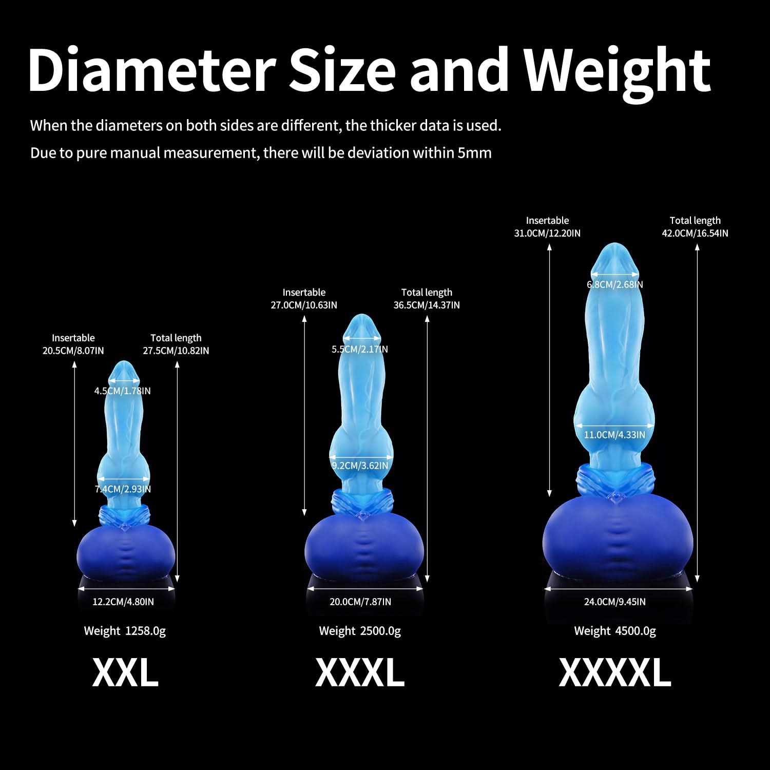 Nothosaur GRAEMEN dog knot dildo with a tapered head, smooth shaft, and full knot - diameter size chart