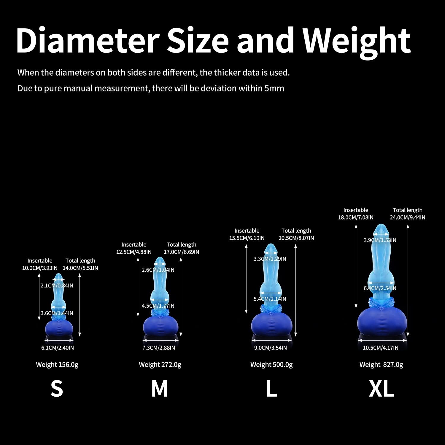 Nothosaur GRAEMEN dog knot dildo with a tapered head, smooth shaft, and full knot - diameter size chart