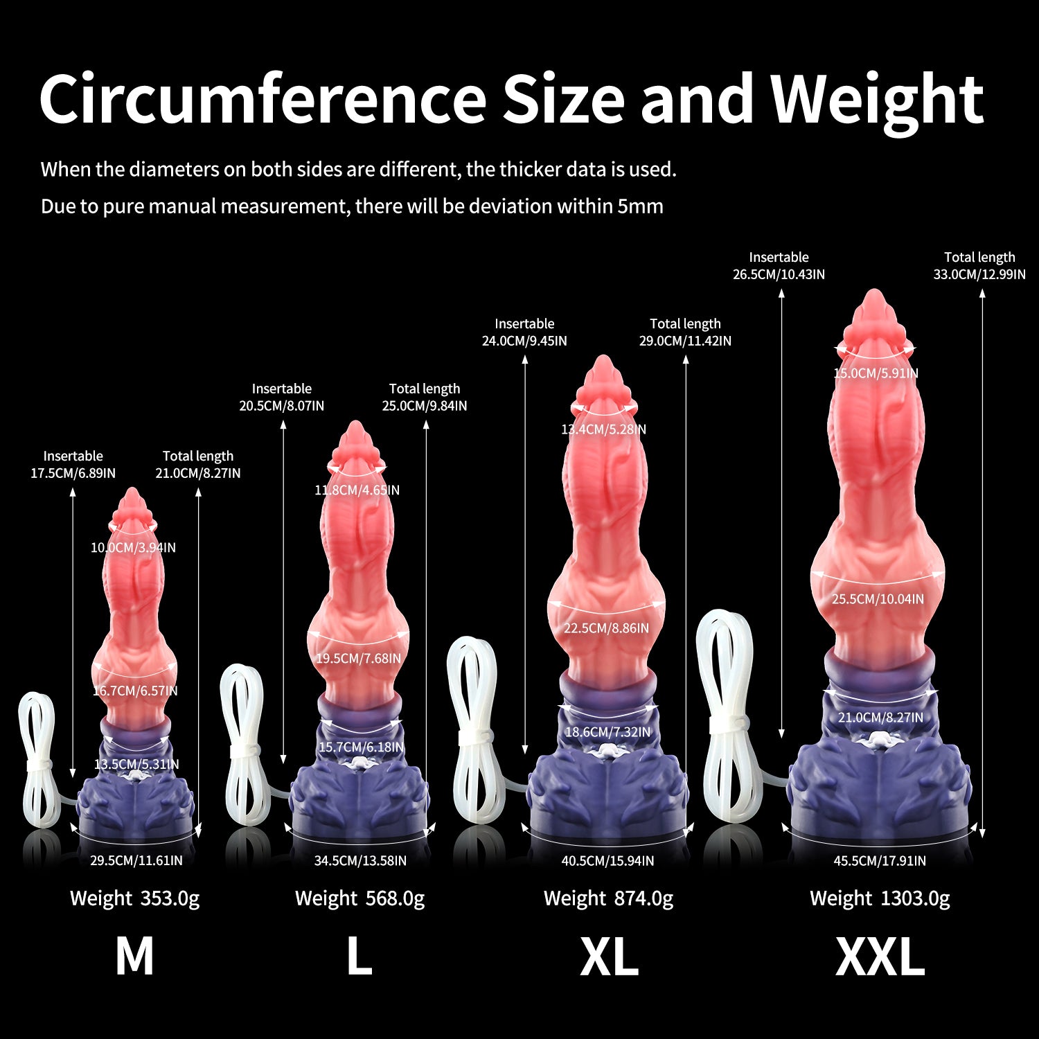 Nothosaur LYKOS plus tube fantasy knot ejaculating dildo with a textured werewolf profile and built-in tube - circumference size chart