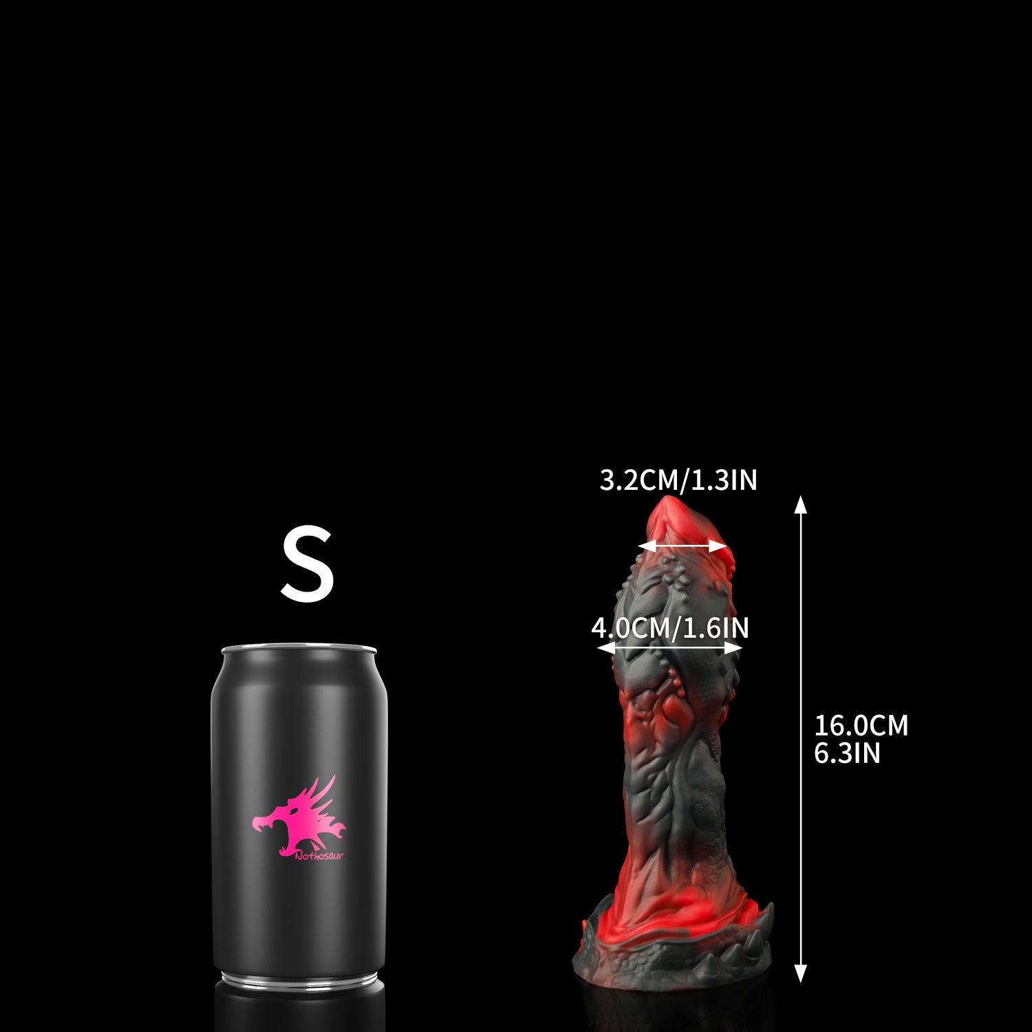 OPALEYE II custom dragon fantasy dildo with layered scale texture and a sculpted base - S size comparison