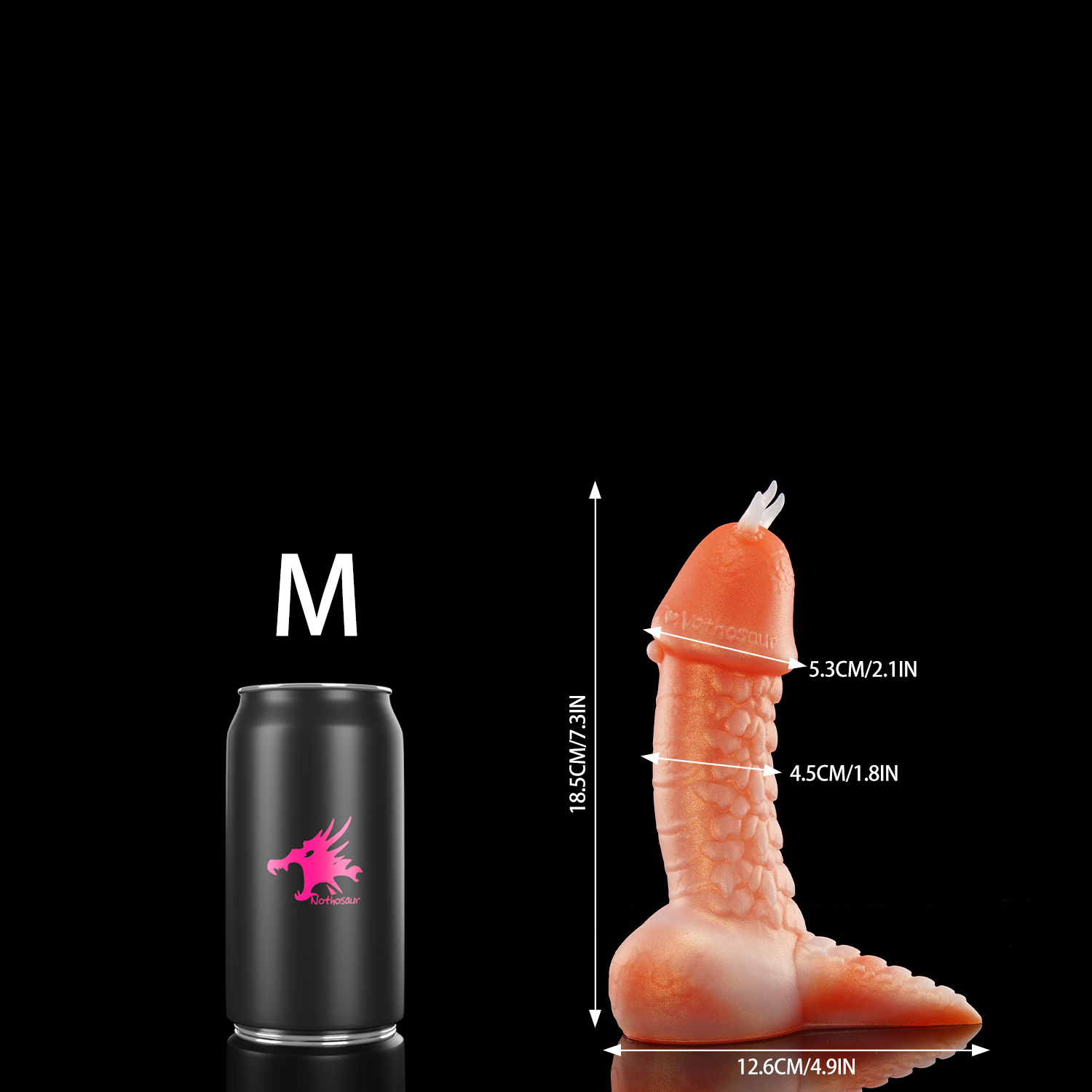 TWILIGHT custom dragon fantasy dildo with a curved textured shaft and flared suction cup base - M size comparison